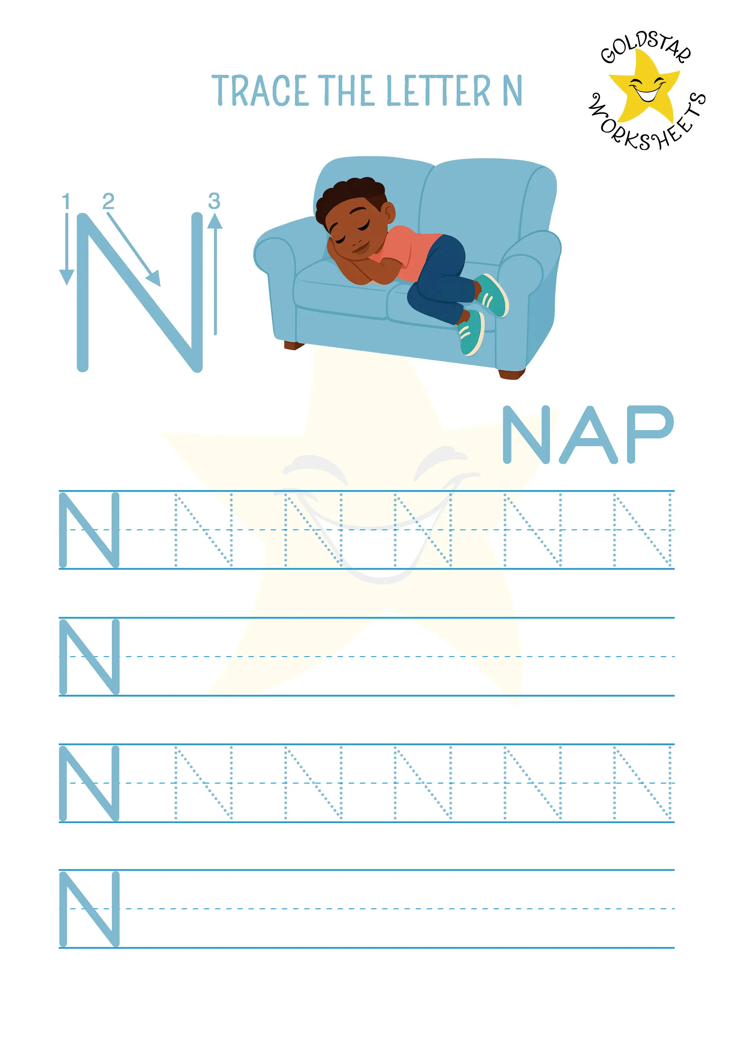Uppercase N trace and write practice with a boy taking a cosy nap