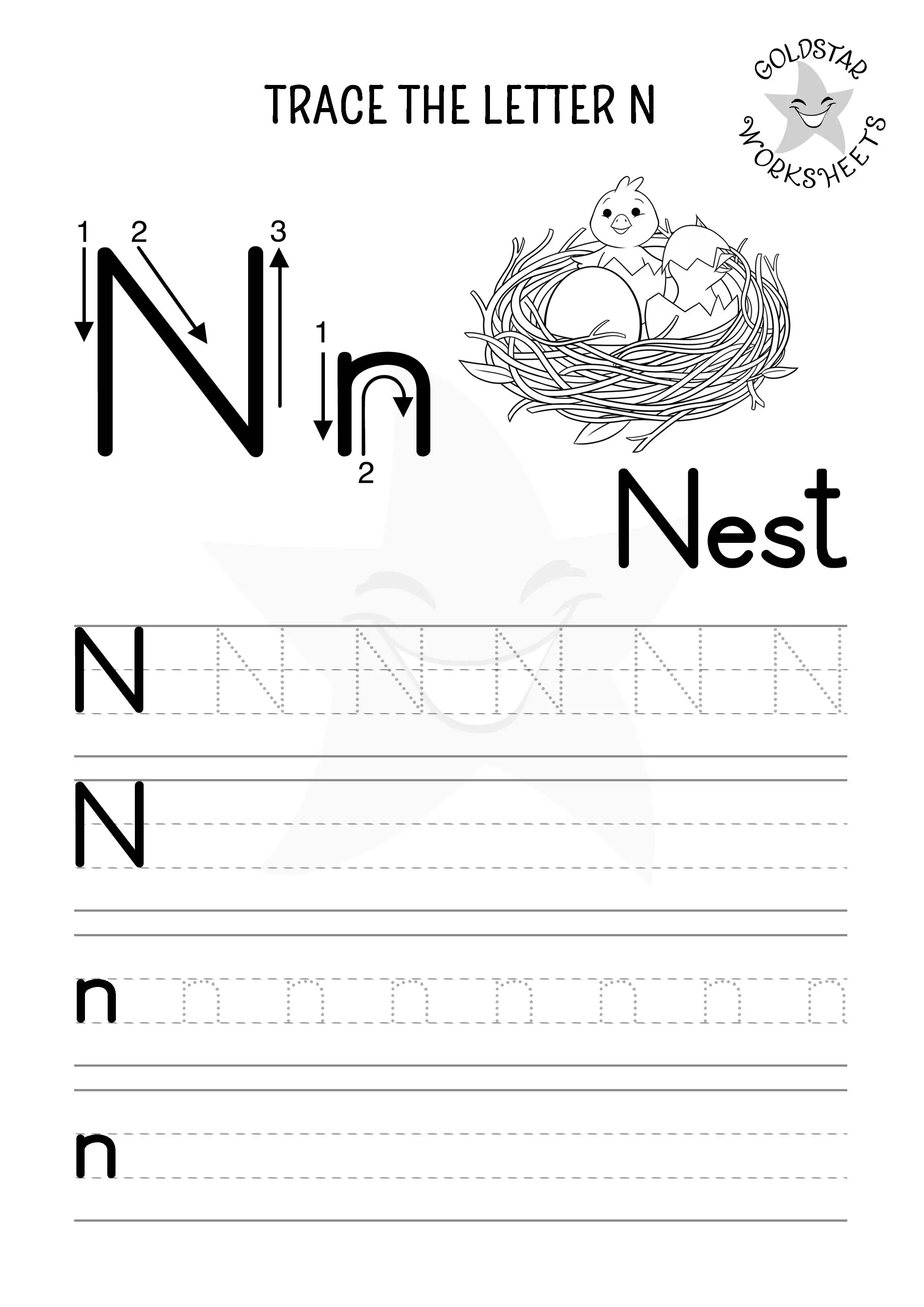 N for Nest – Letter N trace and write worksheet in black and white with fun coloring elements and space to trace both letter cases.