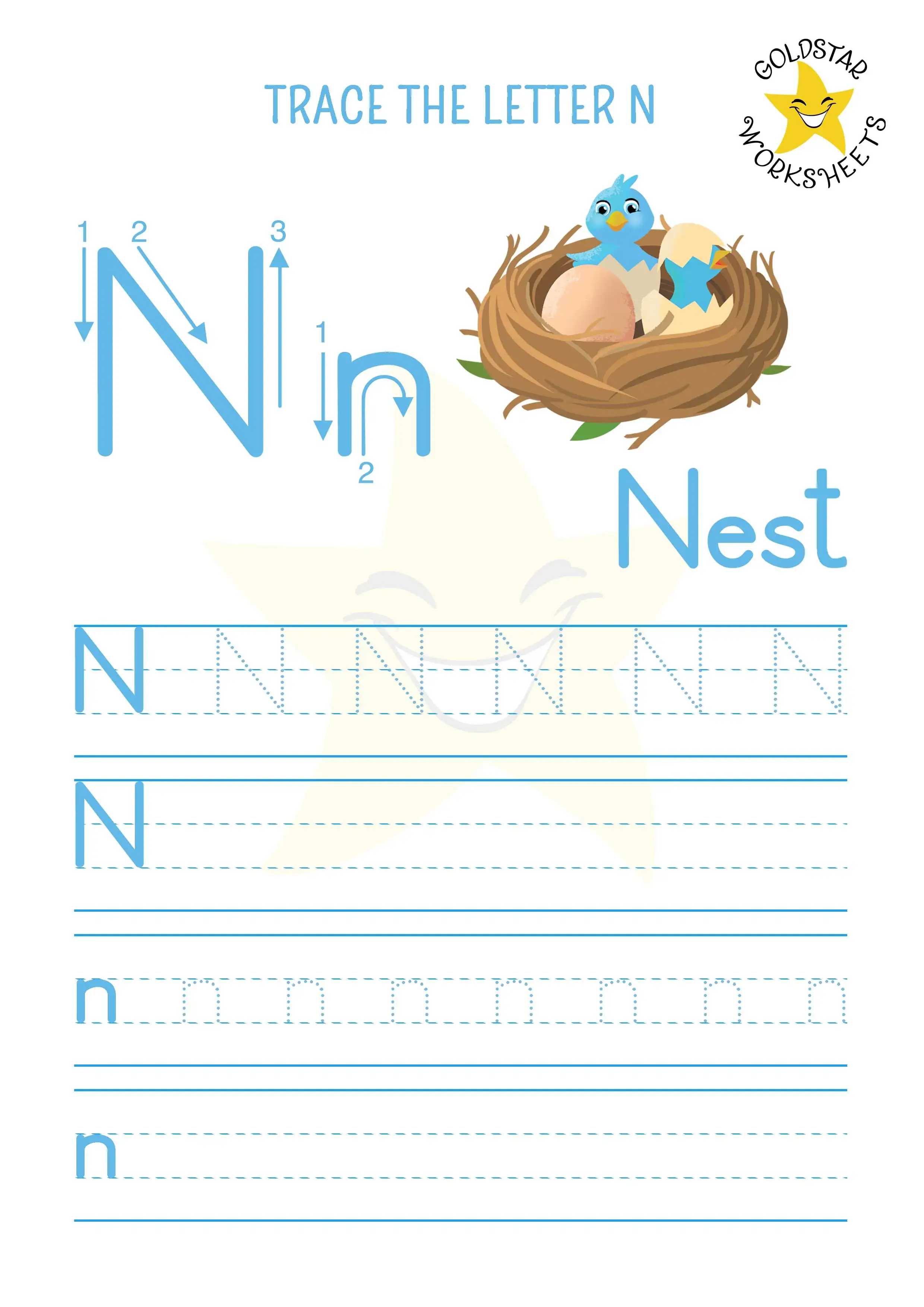 N for Nest - Free printable trace the letter N worksheet combining upper and lowercase practice