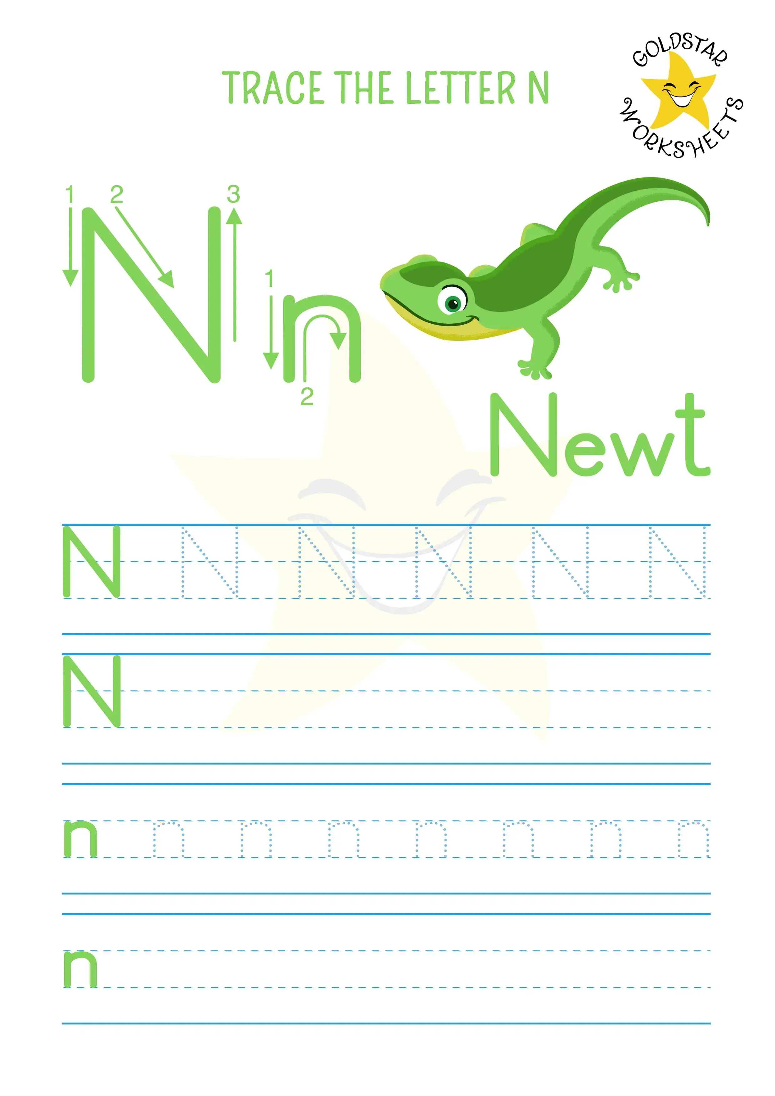 N for newt - Trace and write the letter N worksheet combining upper and lowercase practice