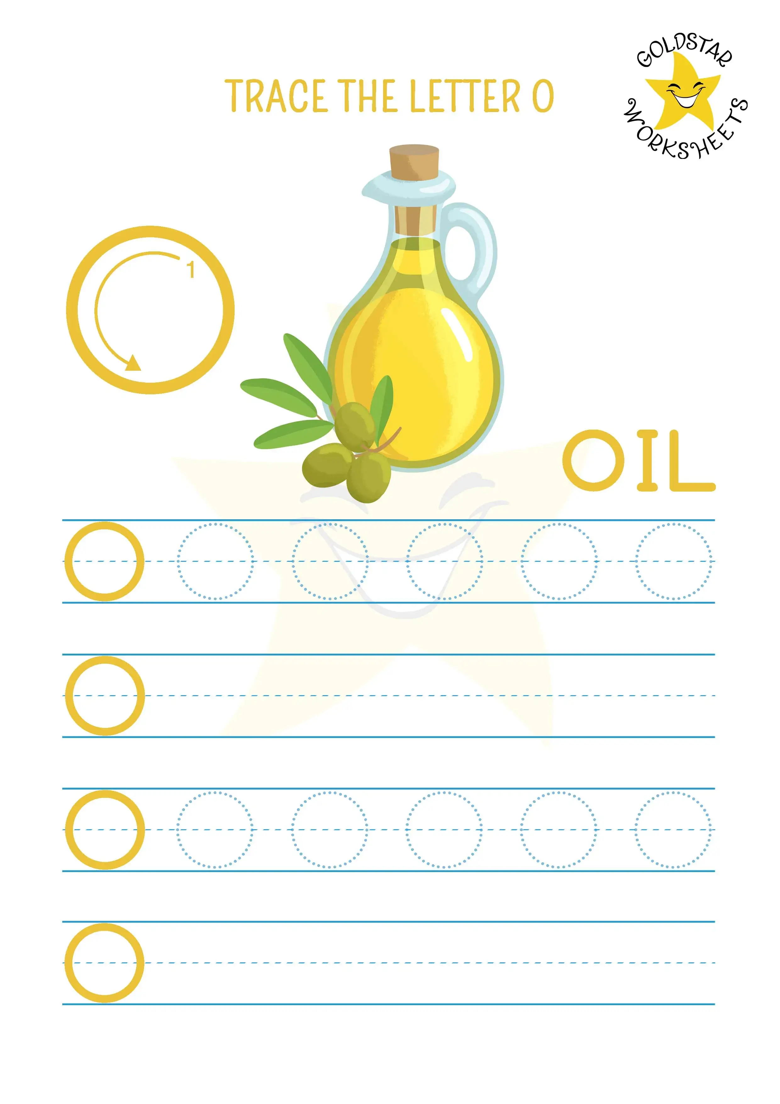Letter O capital letter tracing and writing worksheet with delicious and healthy oil
