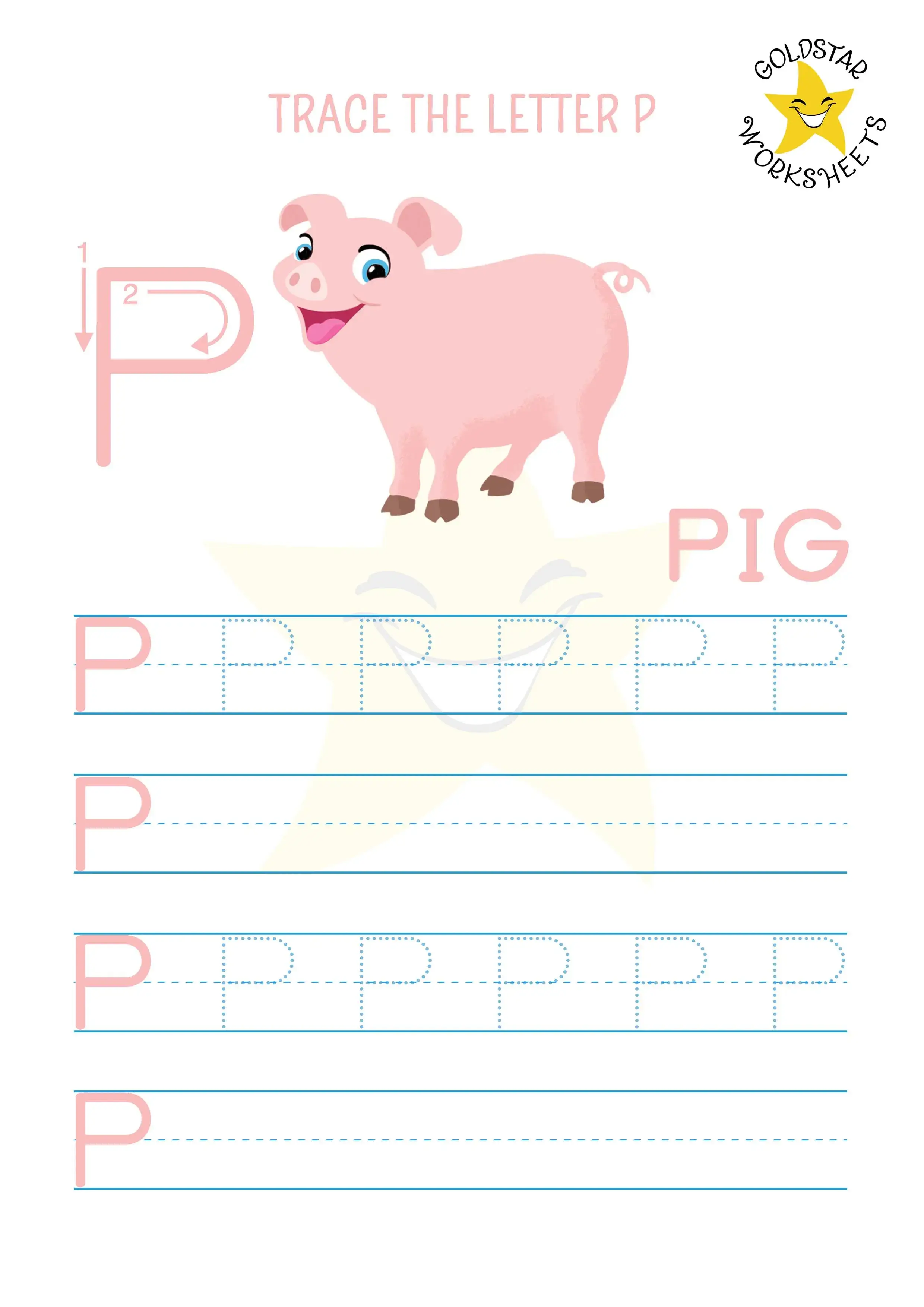 Free PDF letter P uppercase trace and write worksheet with cute pig