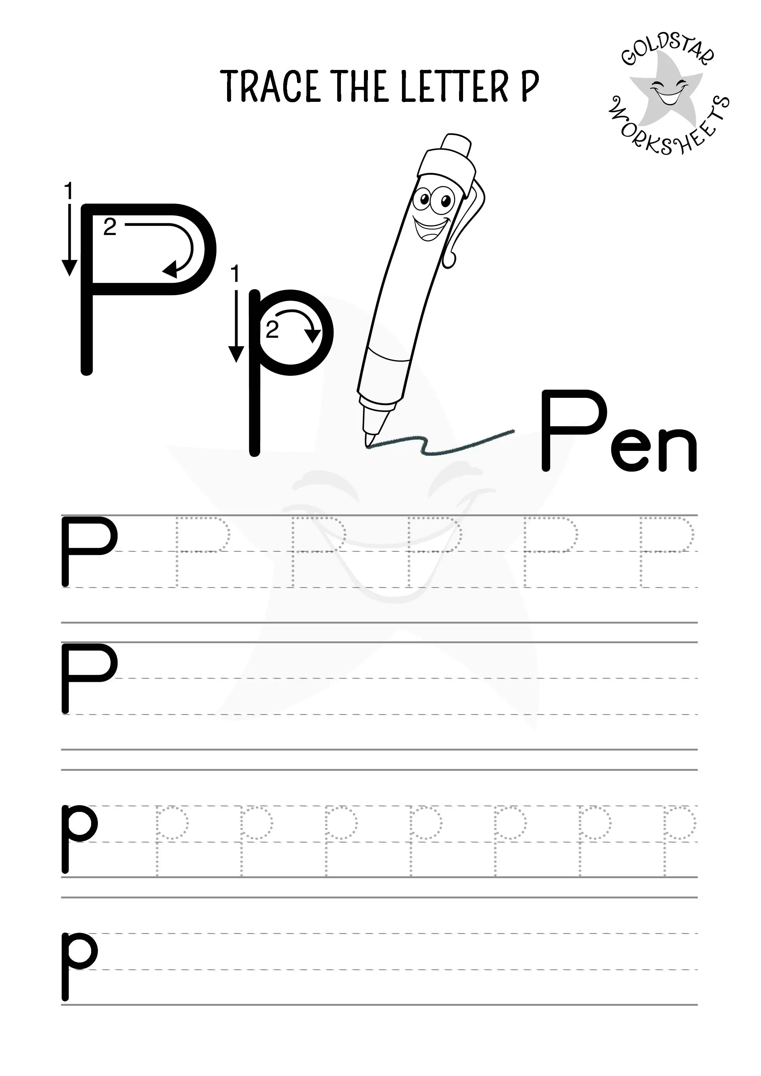 P for Pen – Uppercase and lowercase P trace and write worksheet in black and white for coloring.