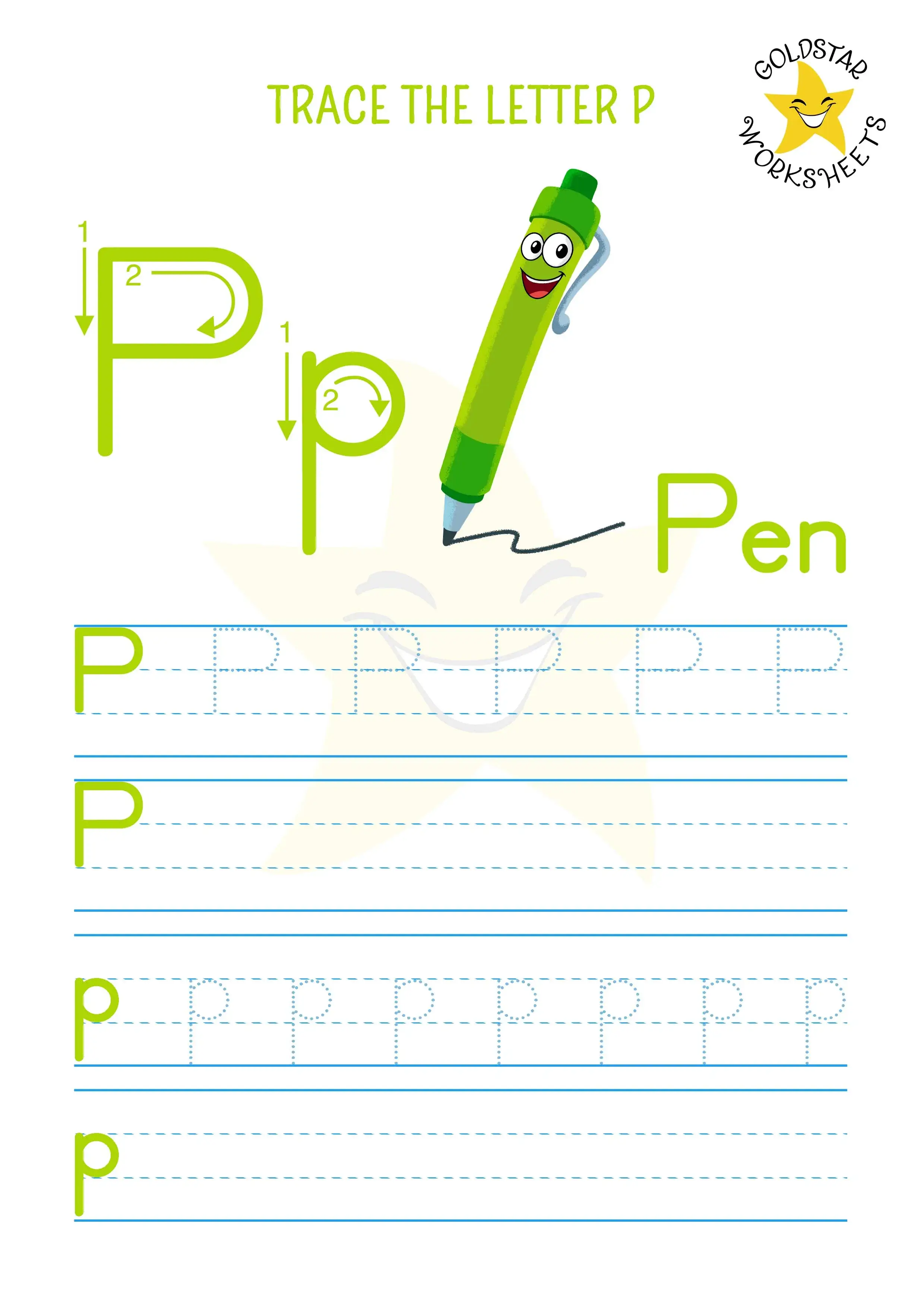 P for pen - Letter P tracing and writing worksheet with upper and lowercase combined