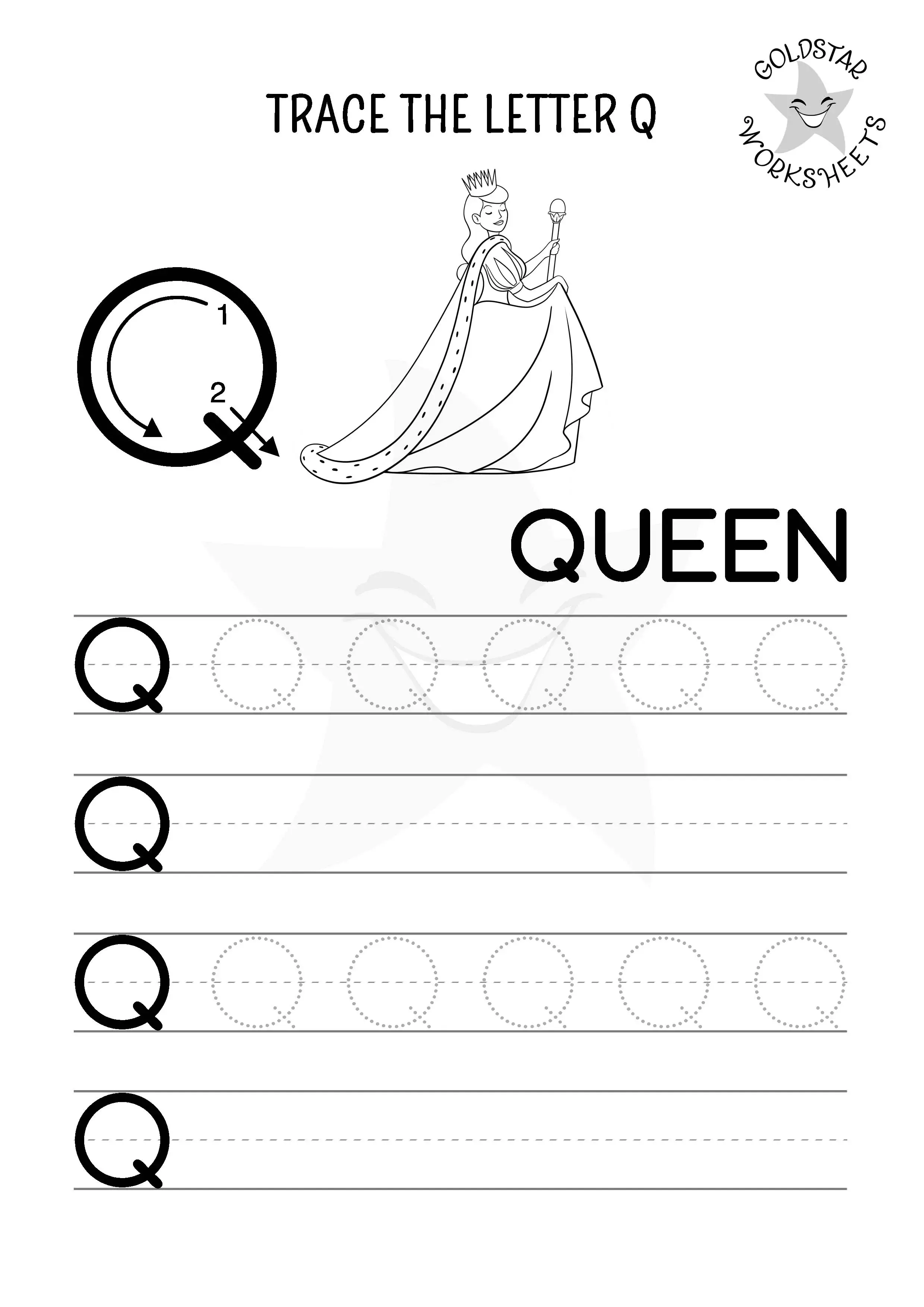 Trace and write the uppercase letter Q worksheet with our beautiful Queen. Designed specially for coloring.