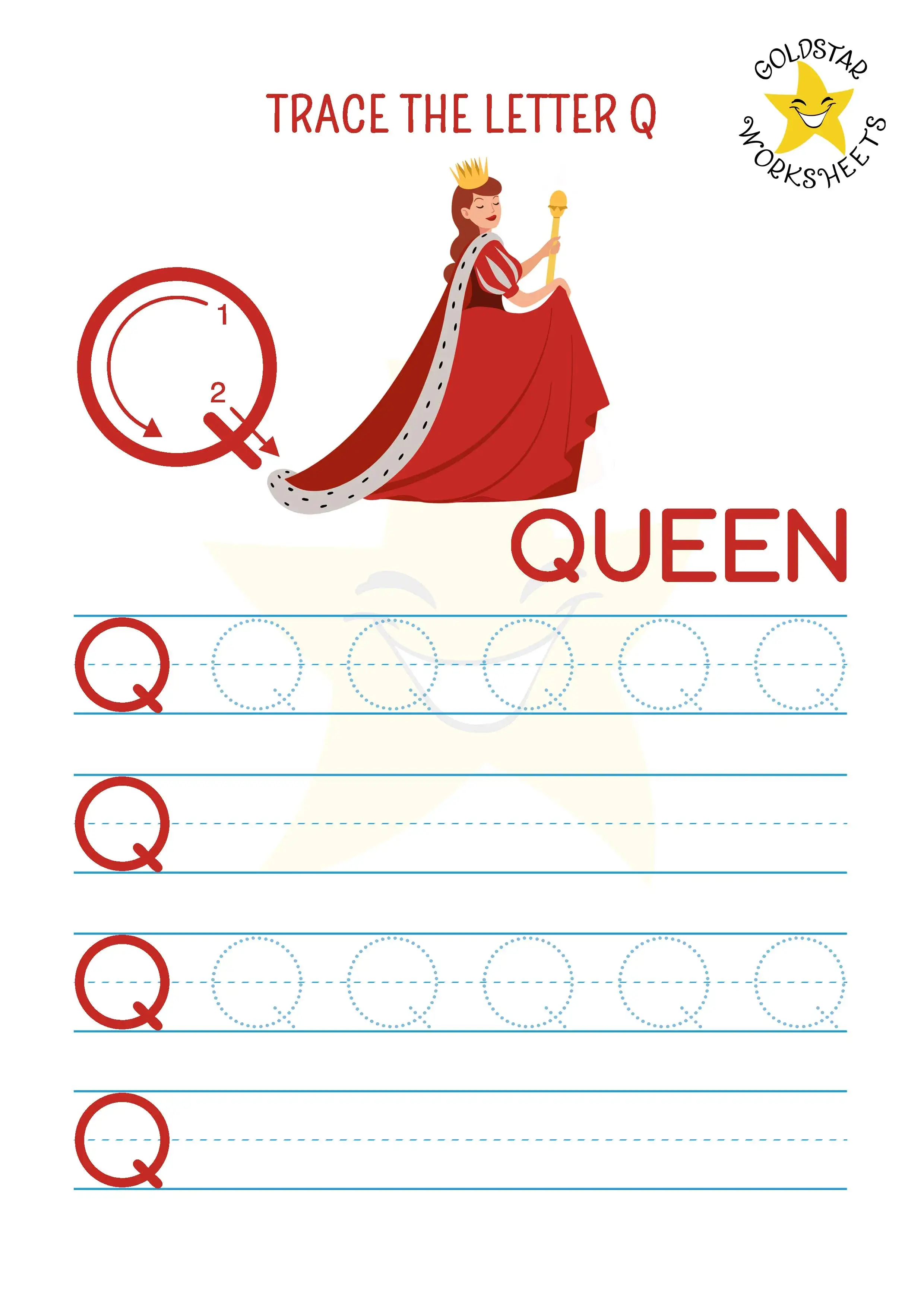 Trace and write the uppercase letter Q worksheet with beautiful queen