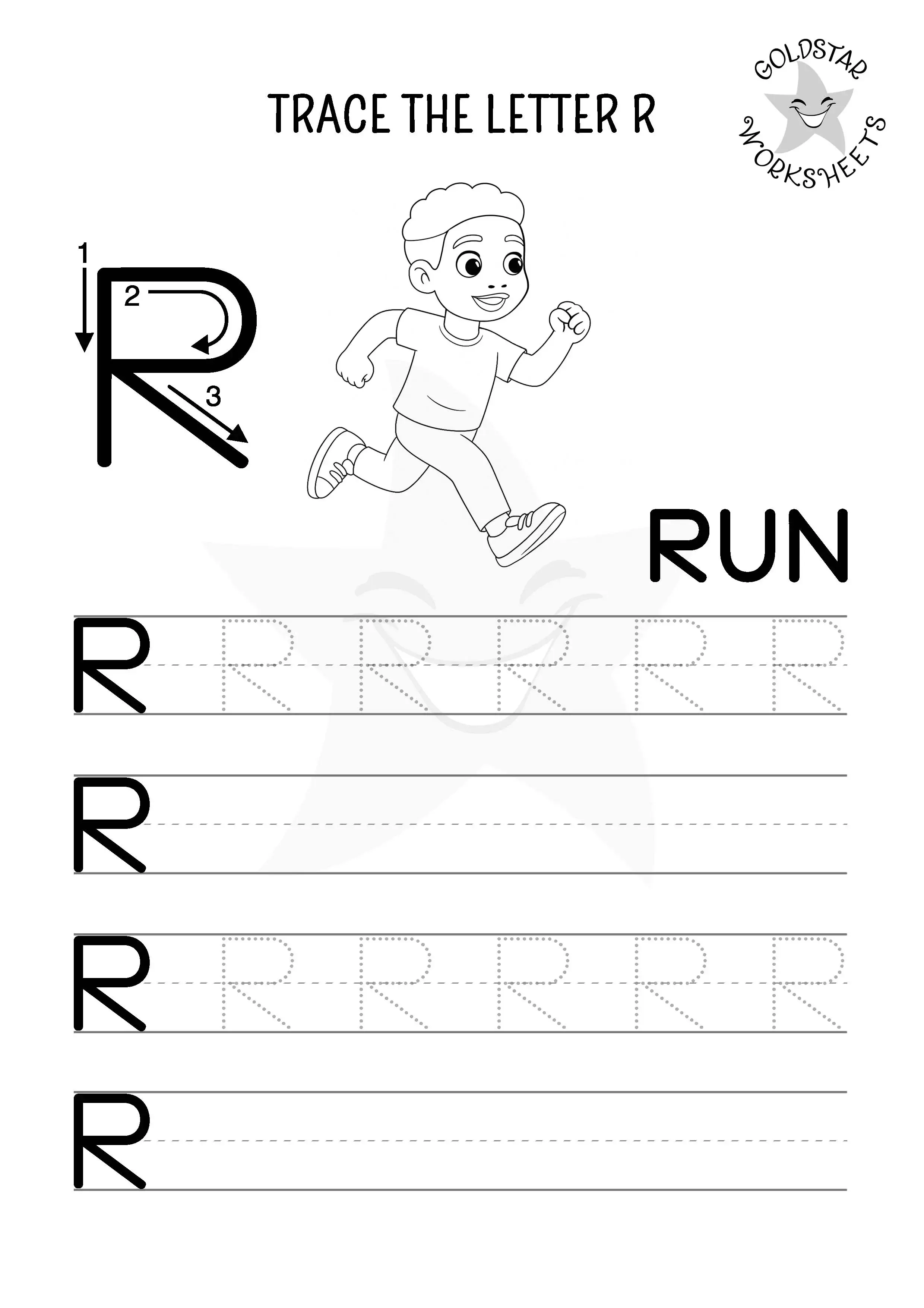 R for Run - Uppercase letter R trace and write worksheet