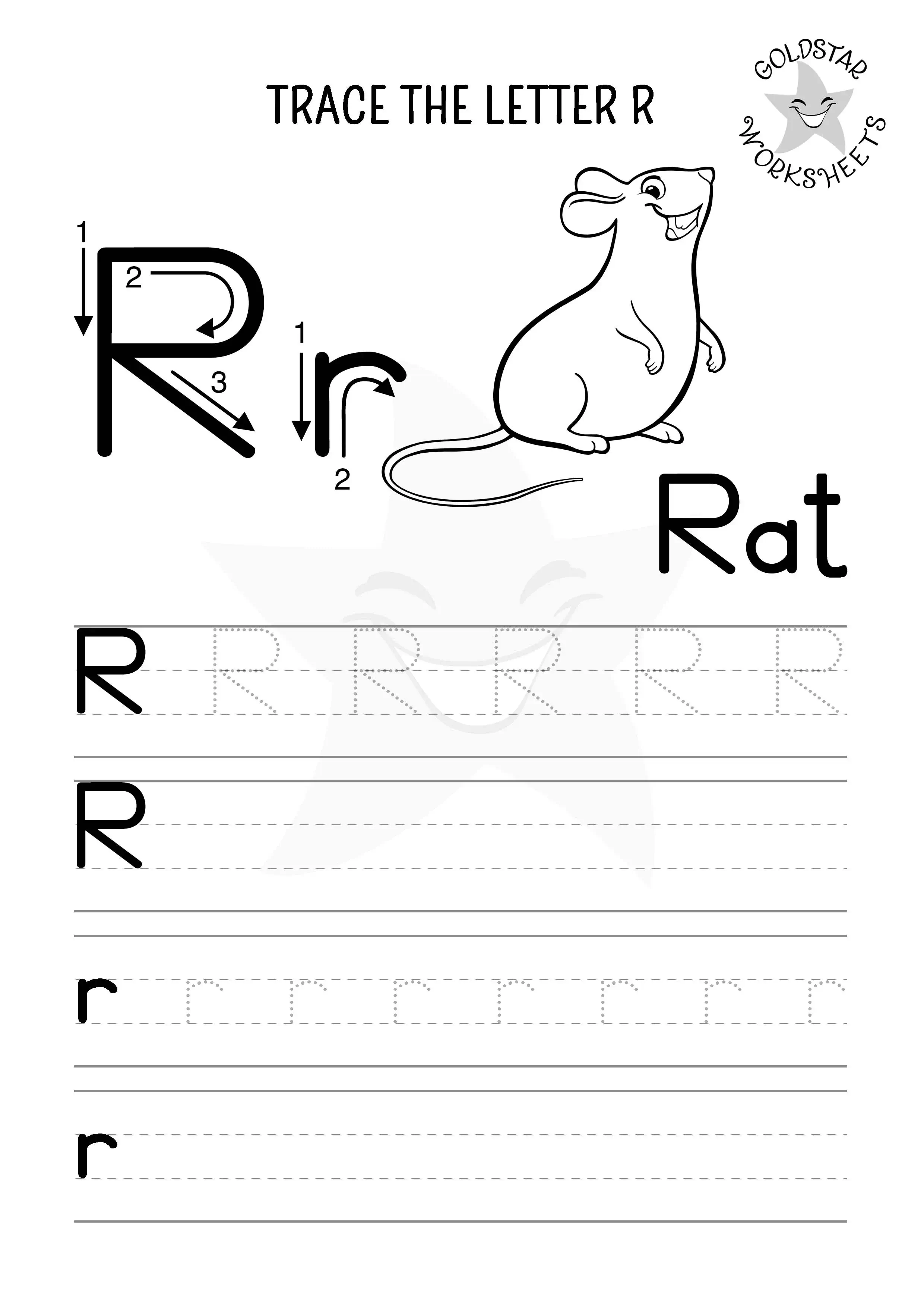 R for Rat – Letter R trace, write, and color worksheet with both uppercase and lowercase letters