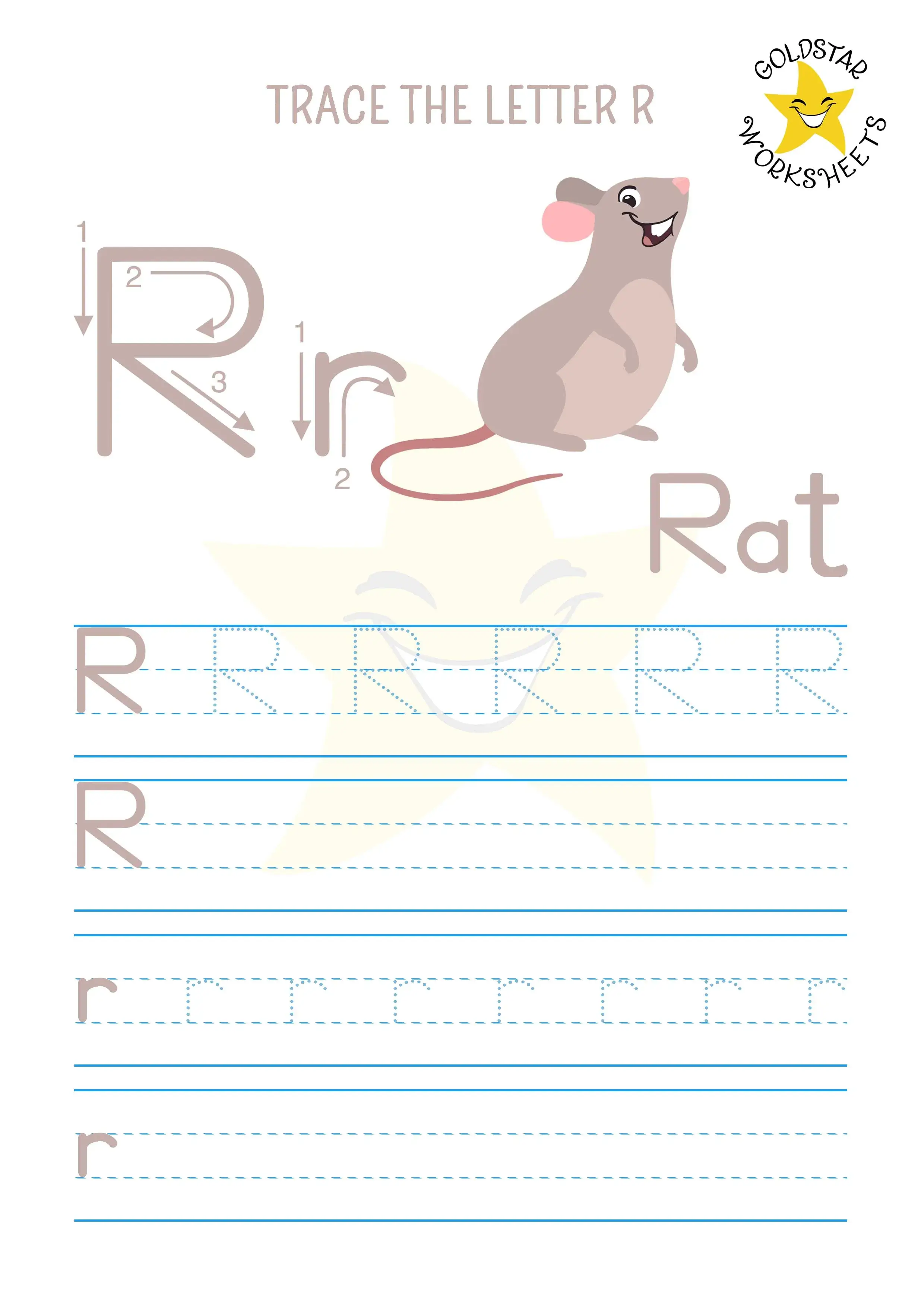 R for Rat - Letter R trace and write worksheet with upper and lowercase practice 