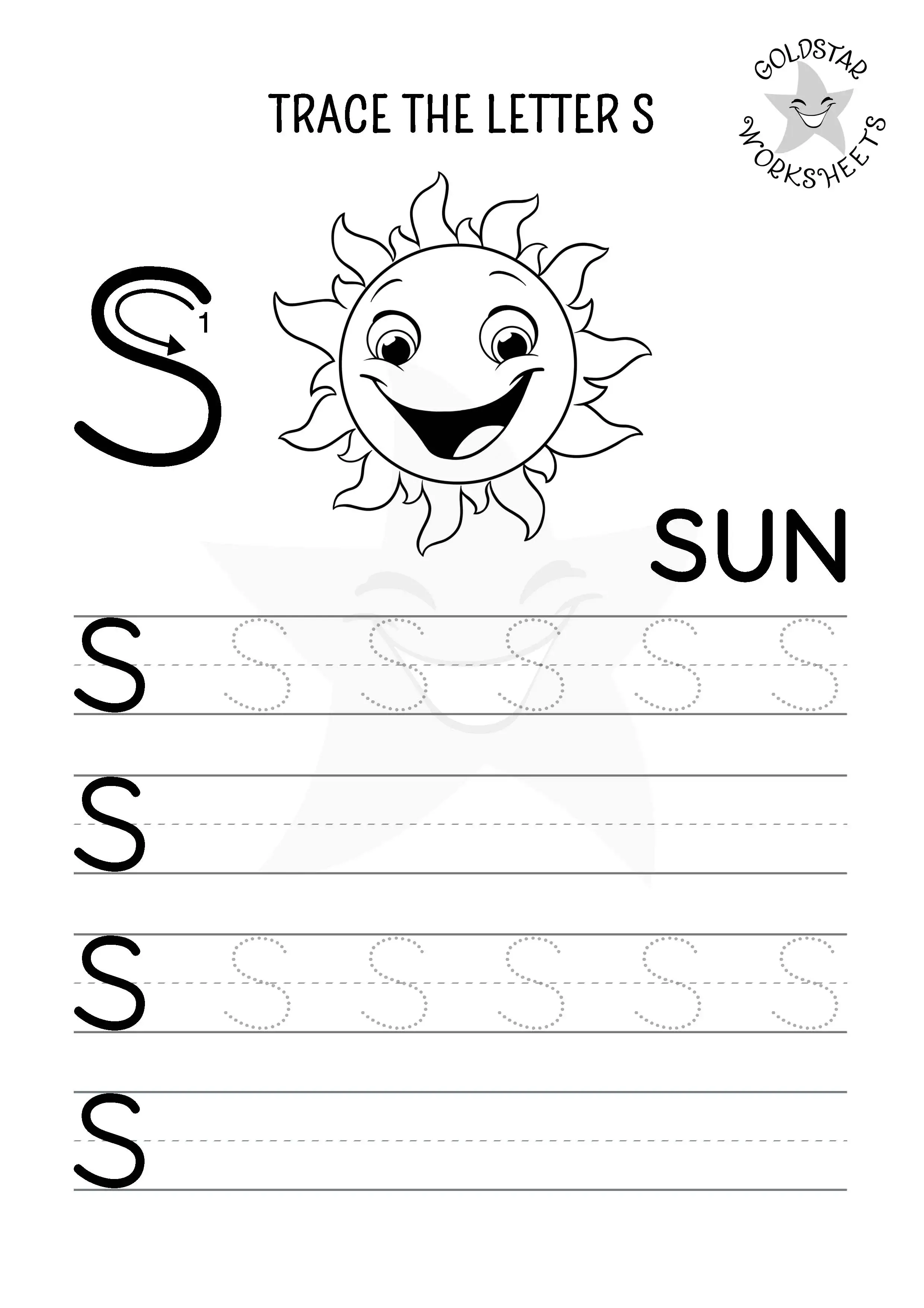 Free printable uppercase letter S trace and write worksheet with a shining sun. Designed for coloring in.