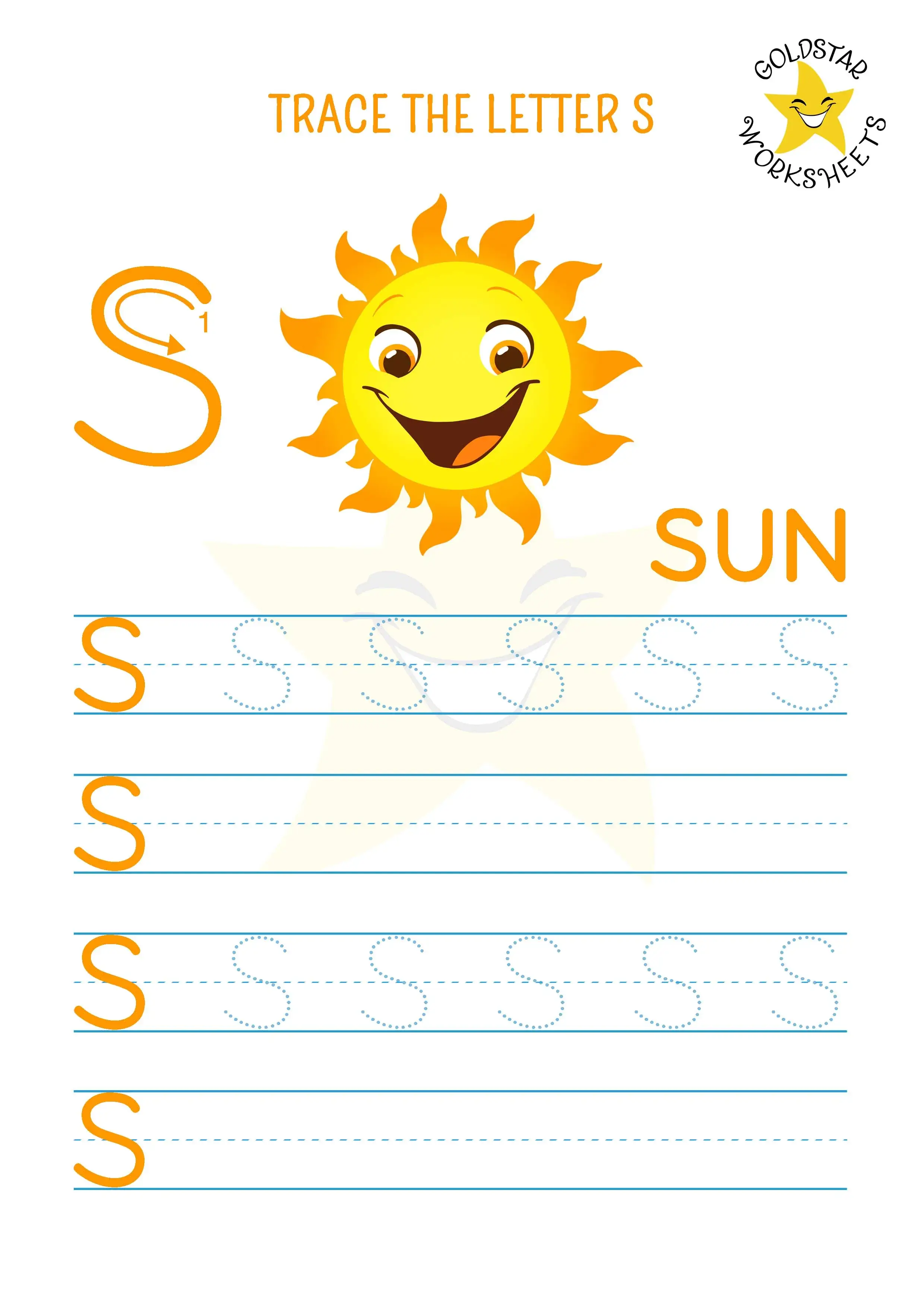 Free printable uppercase letter S trace and write worksheet with shining sun 