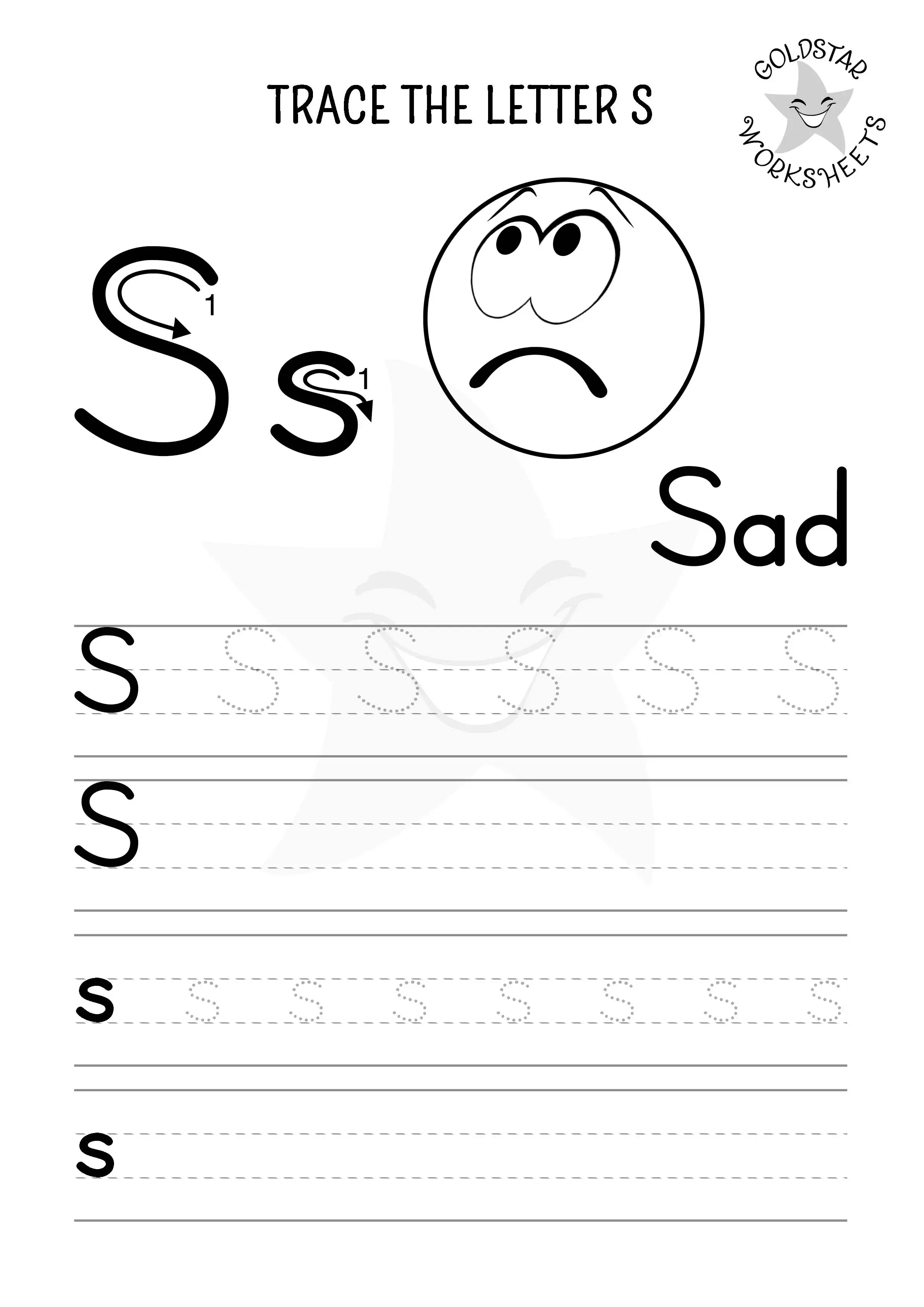S for Sad – Mixed case S trace and write worksheet in a colorable black and white style for kids.