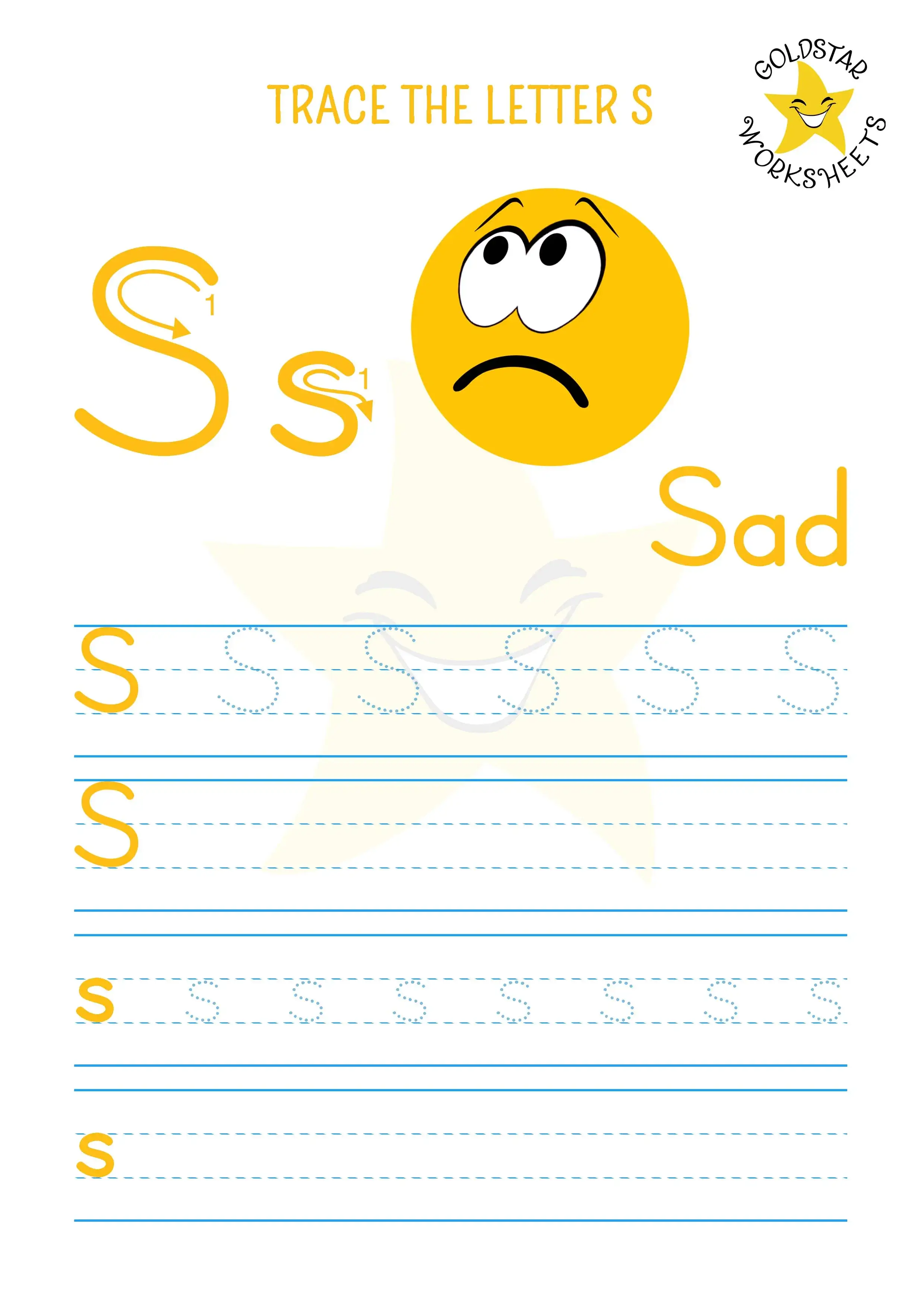 S for sad - Letter s tracing and writing worksheet with uppercase and lowercase