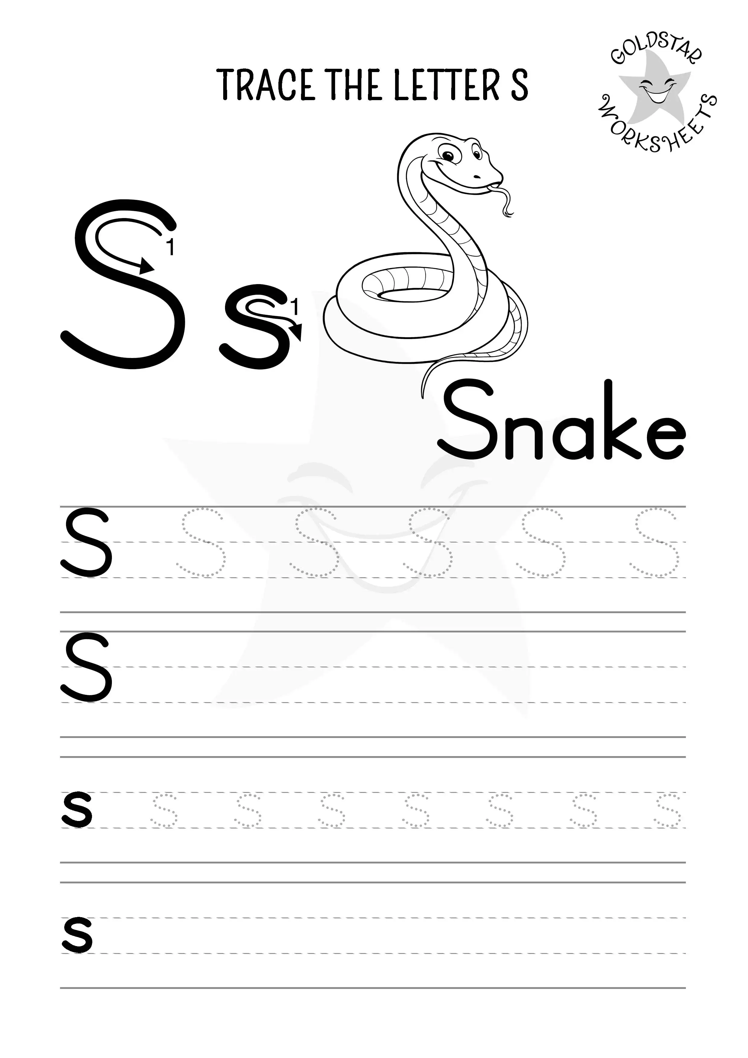 S for Snake – Mixed case S trace and write worksheet in a colorable black and white style for kids.