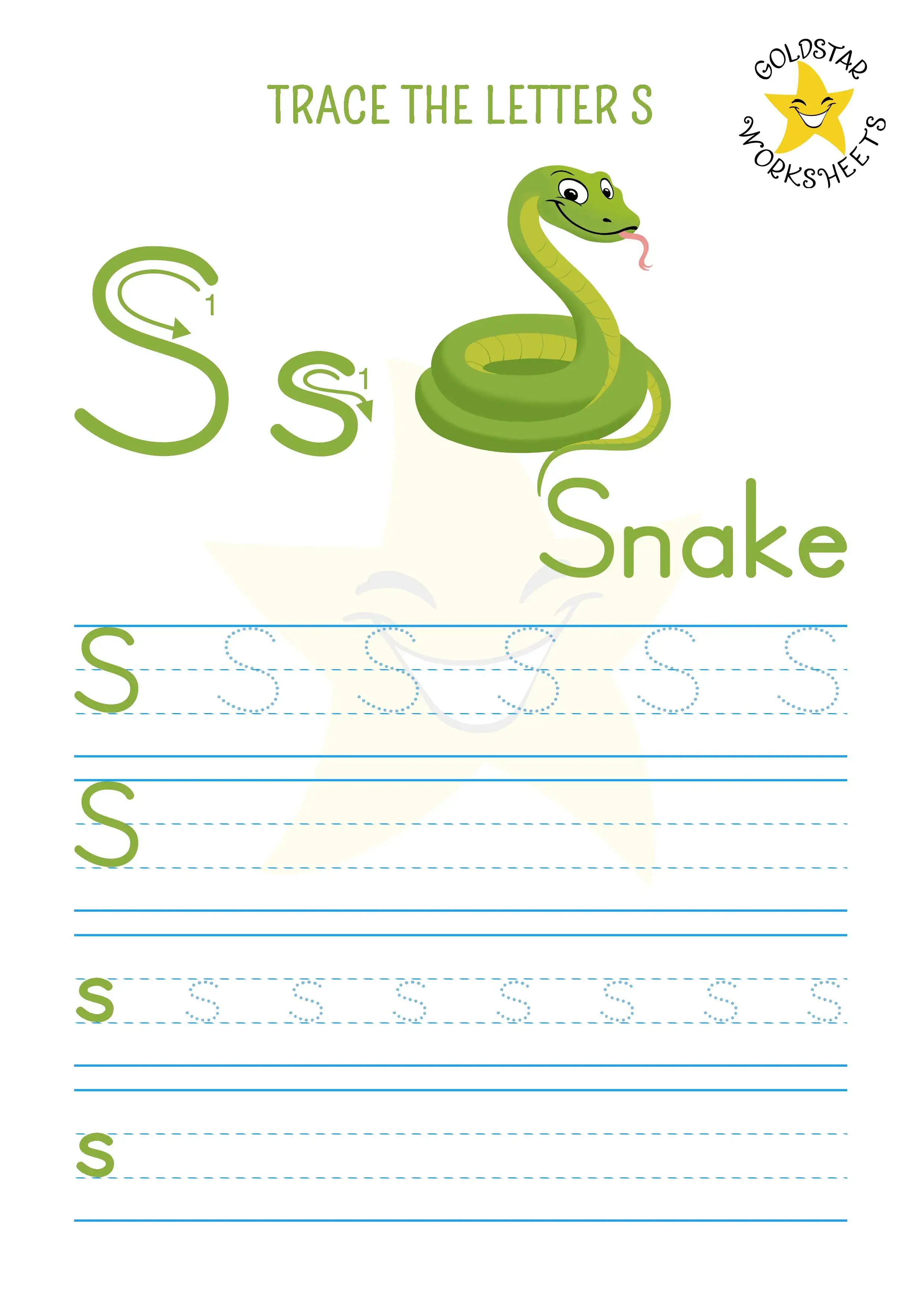 S for snake - Free printable letter s trace and write worksheet with uppercase and lowercase