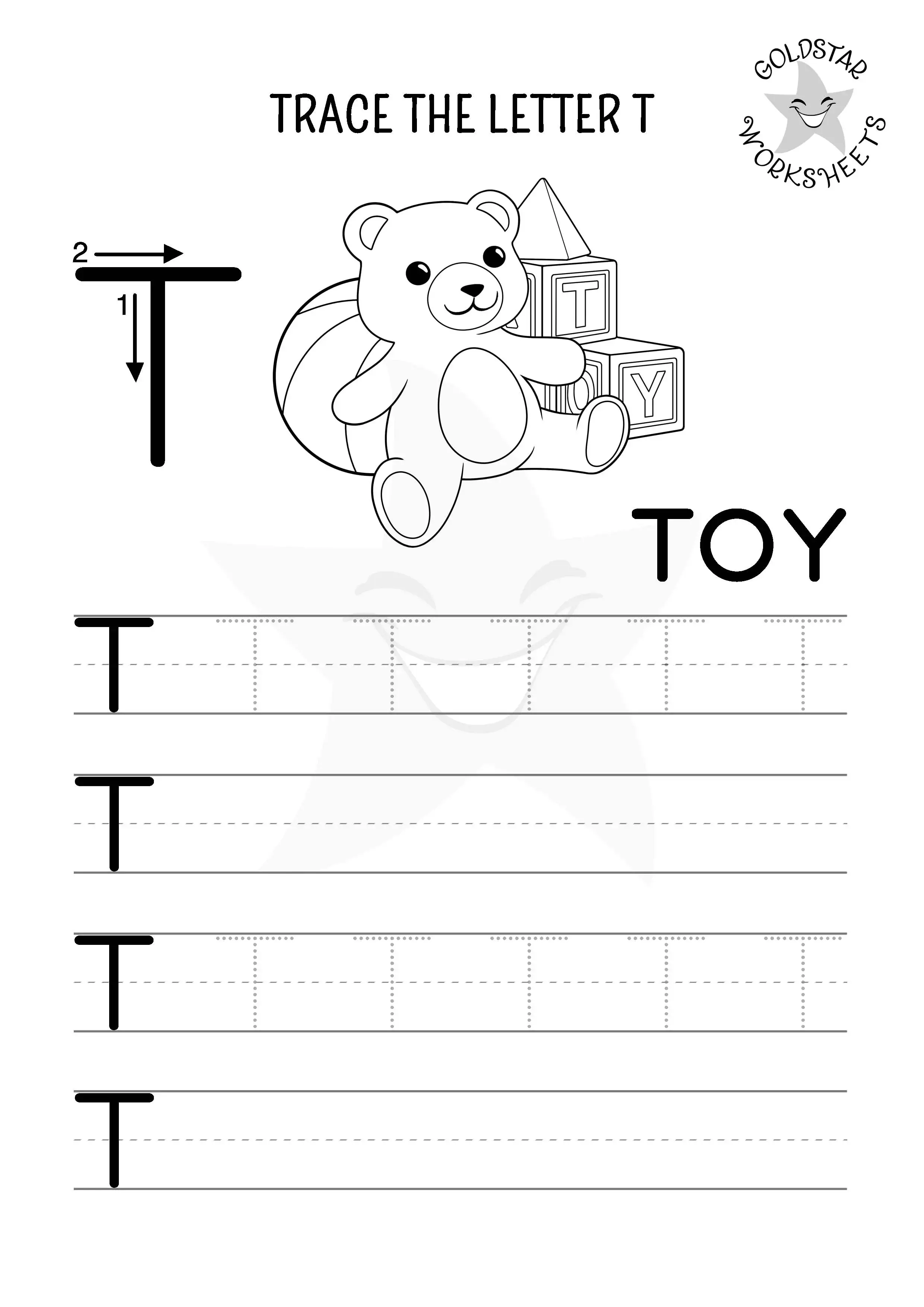 Letter T for Toy uppercase trace and write worksheet. Designed for kids to color in.