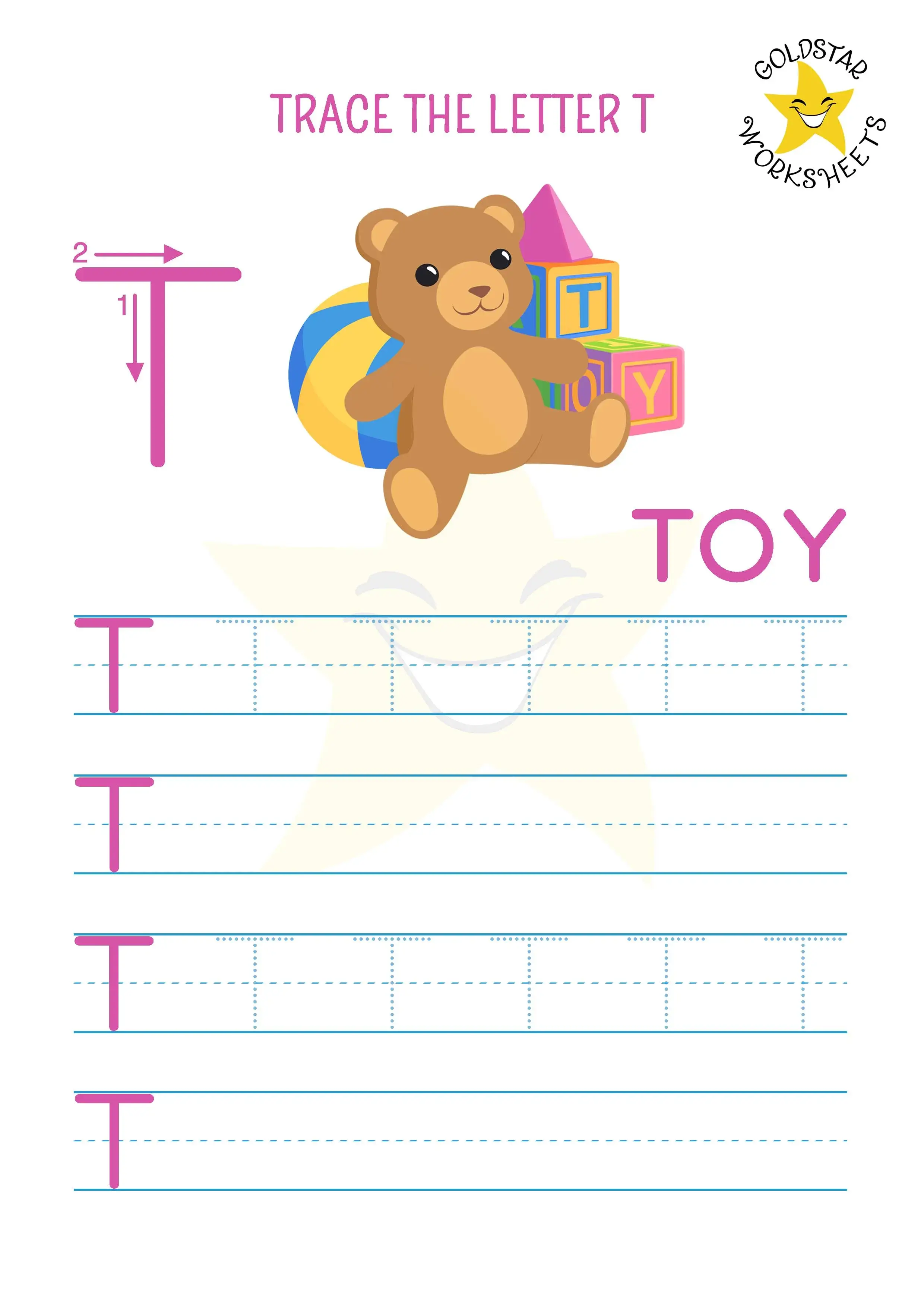 Letter T for Toy uppercase tracing and writing worksheet