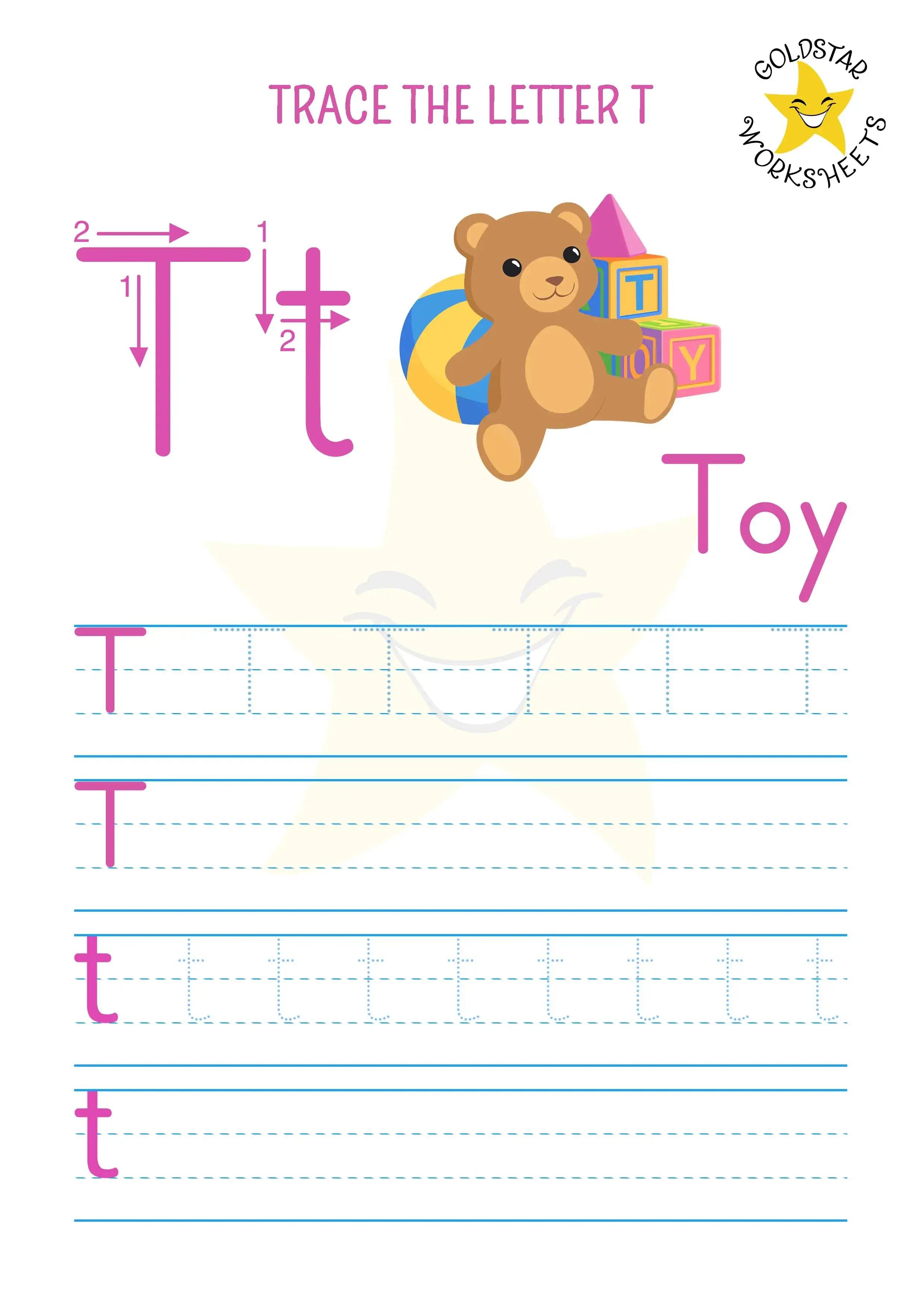 T for toy - Letter T tracing and writing worksheet with upper and lowercase together