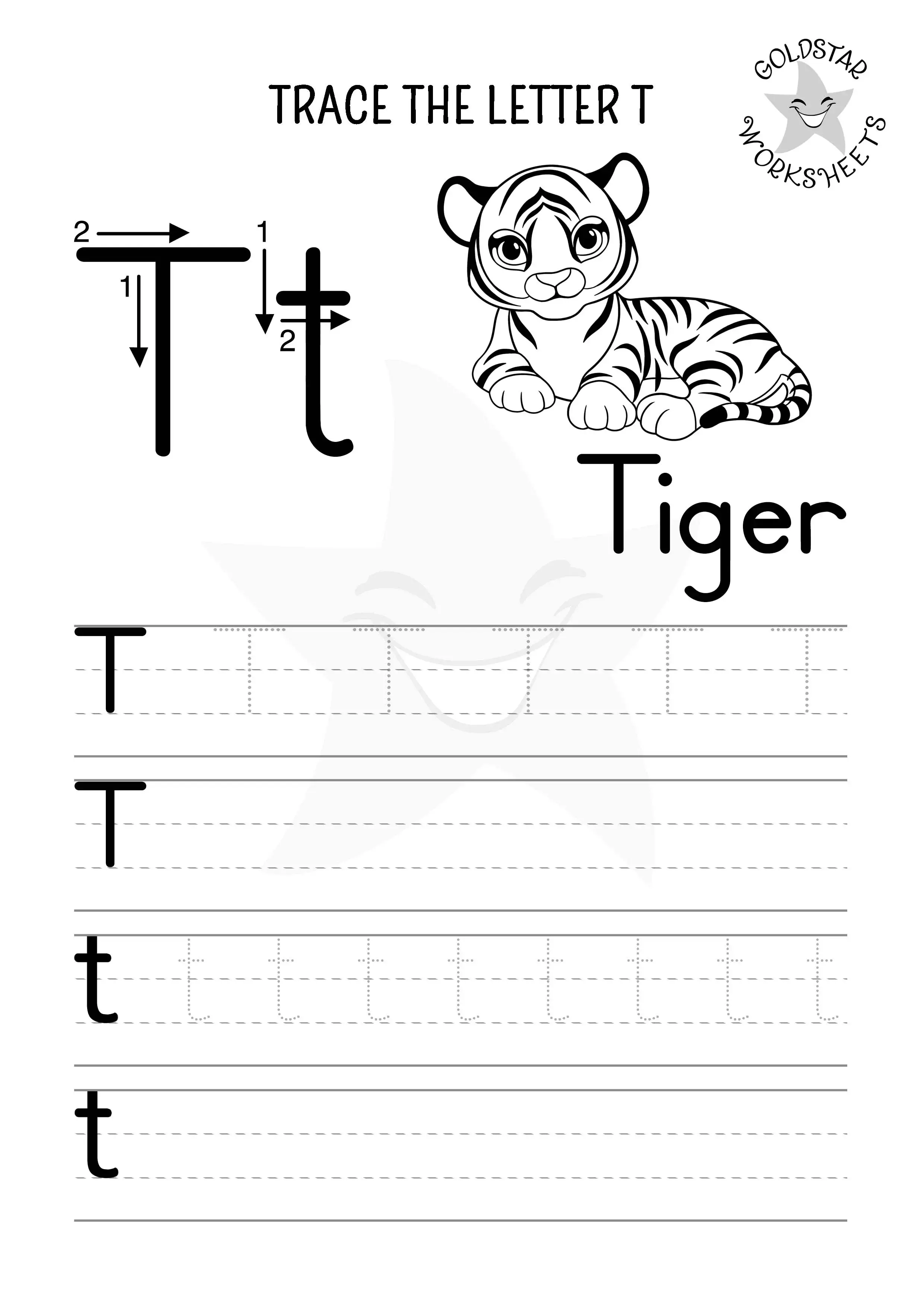 T for Tiger – letter T trace, write, and color sheet with uppercase and lowercase letters.