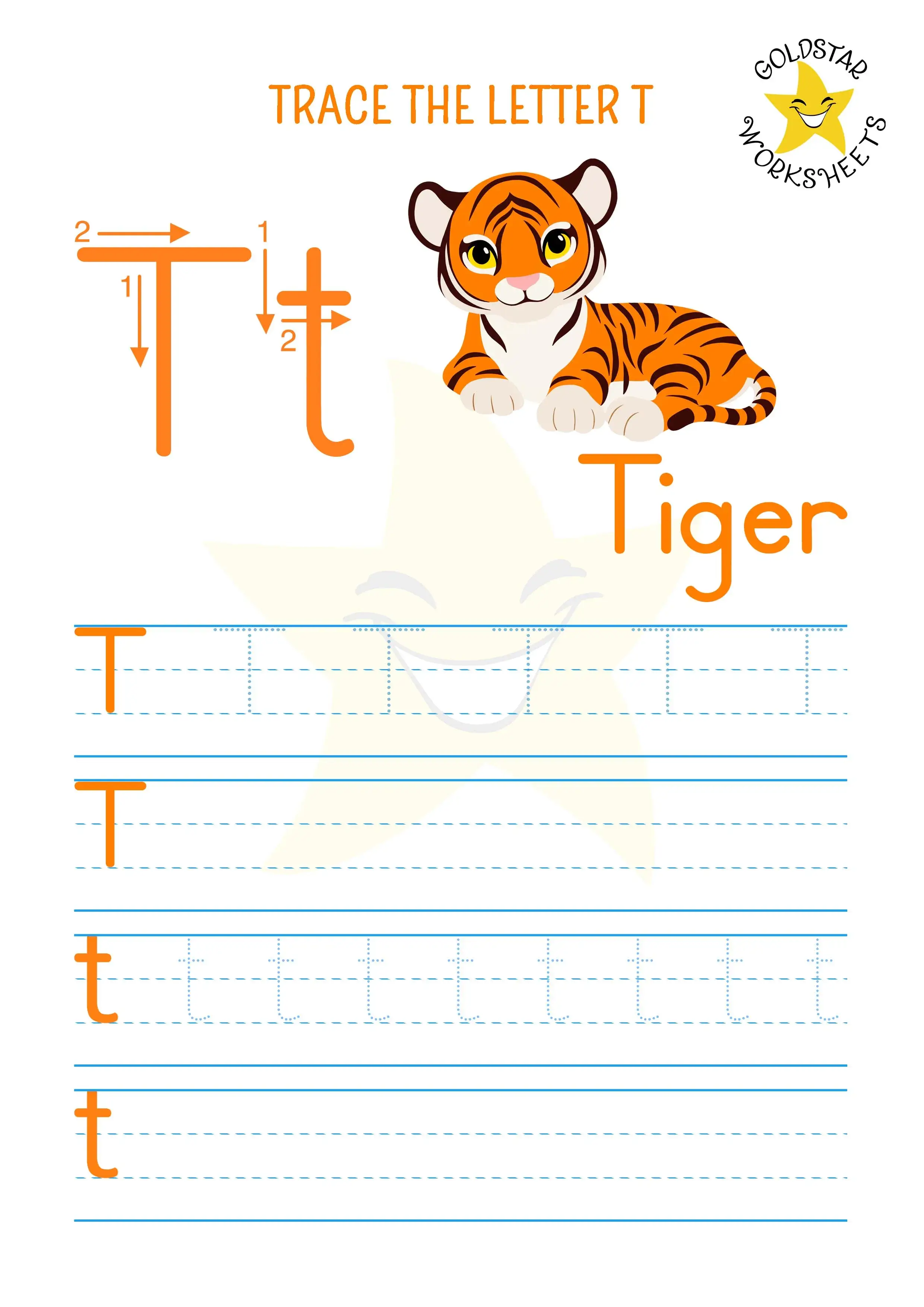 T for tiger - Trace and write the letter t worksheet with upper and lowercase together