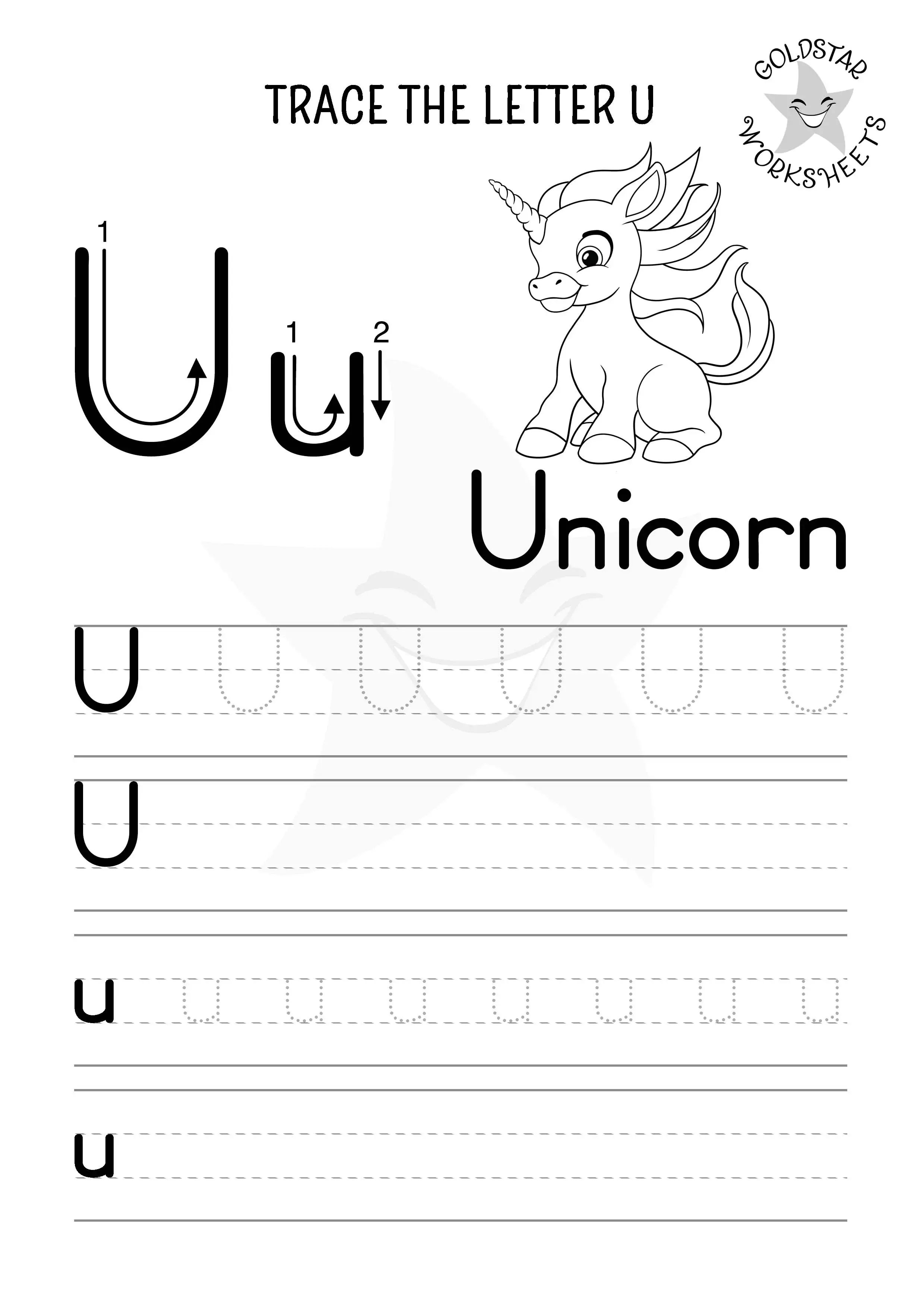 U for Unicorn – Uppercase and lowercase U trace and write worksheet designed in black and white for coloring fun.