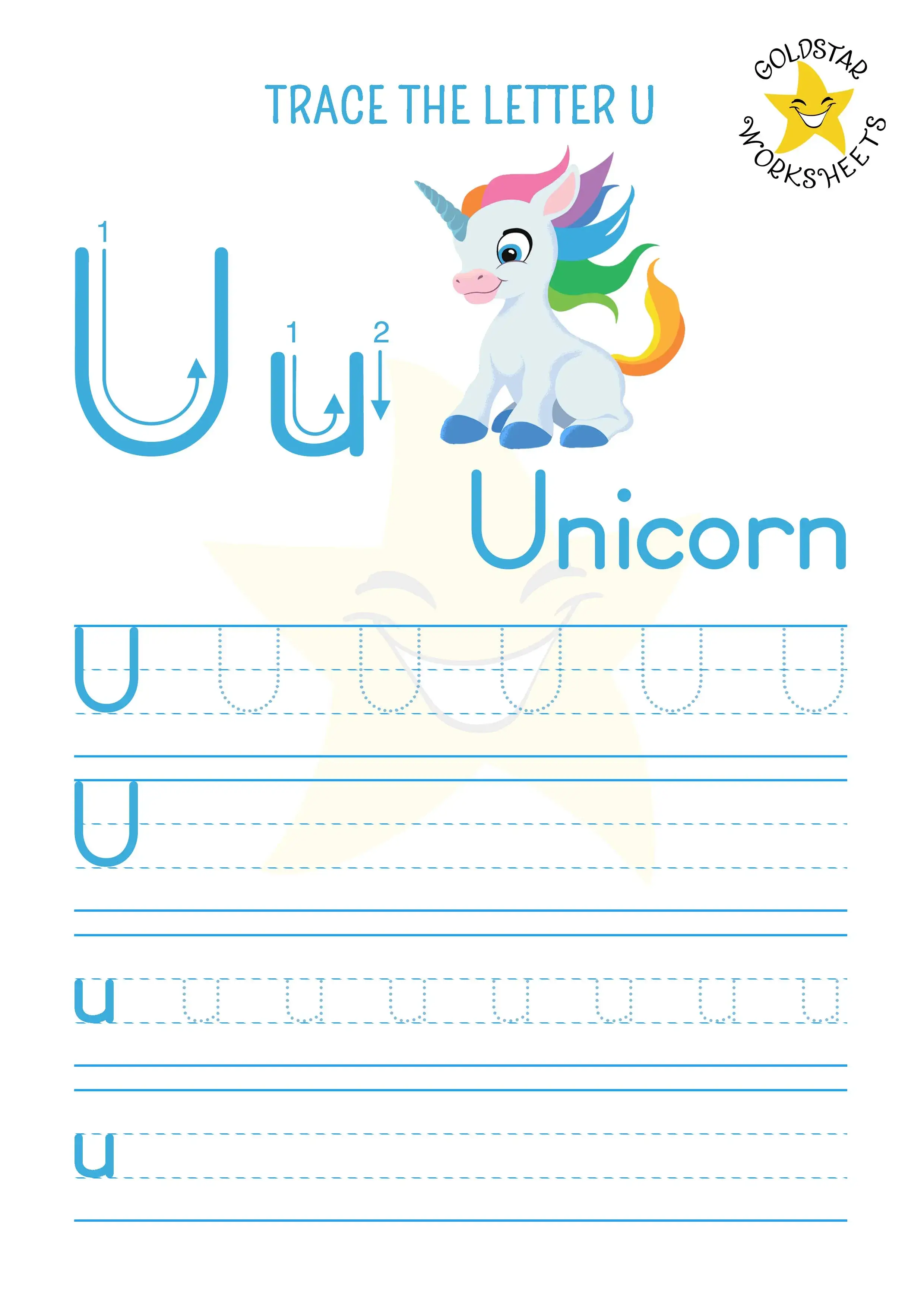 U for Unicorn - Letter U trace and write worksheet. Combines upper with lowercase practice