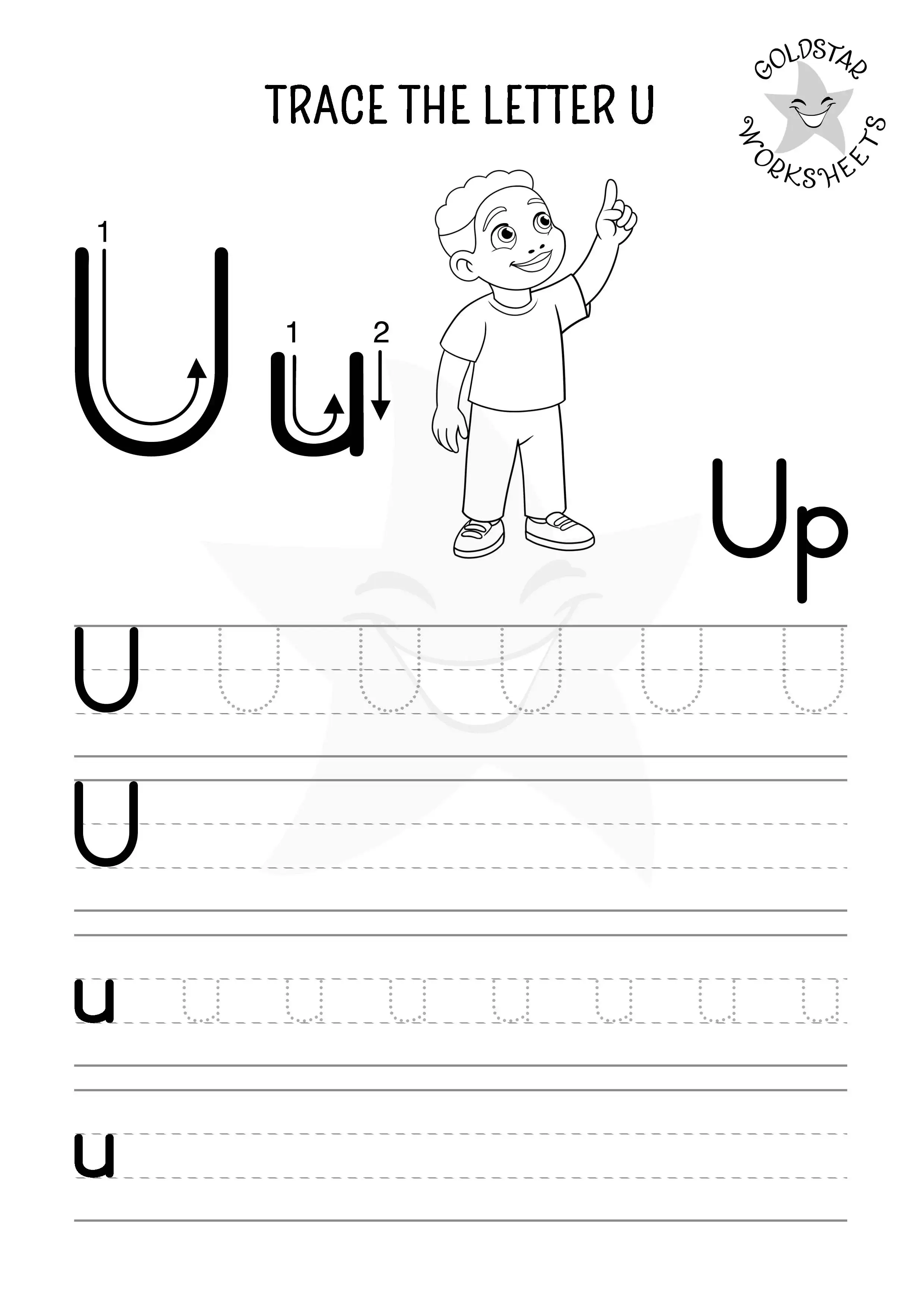 U for Up – Uppercase and lowercase U trace and write worksheet designed in black and white for coloring fun.