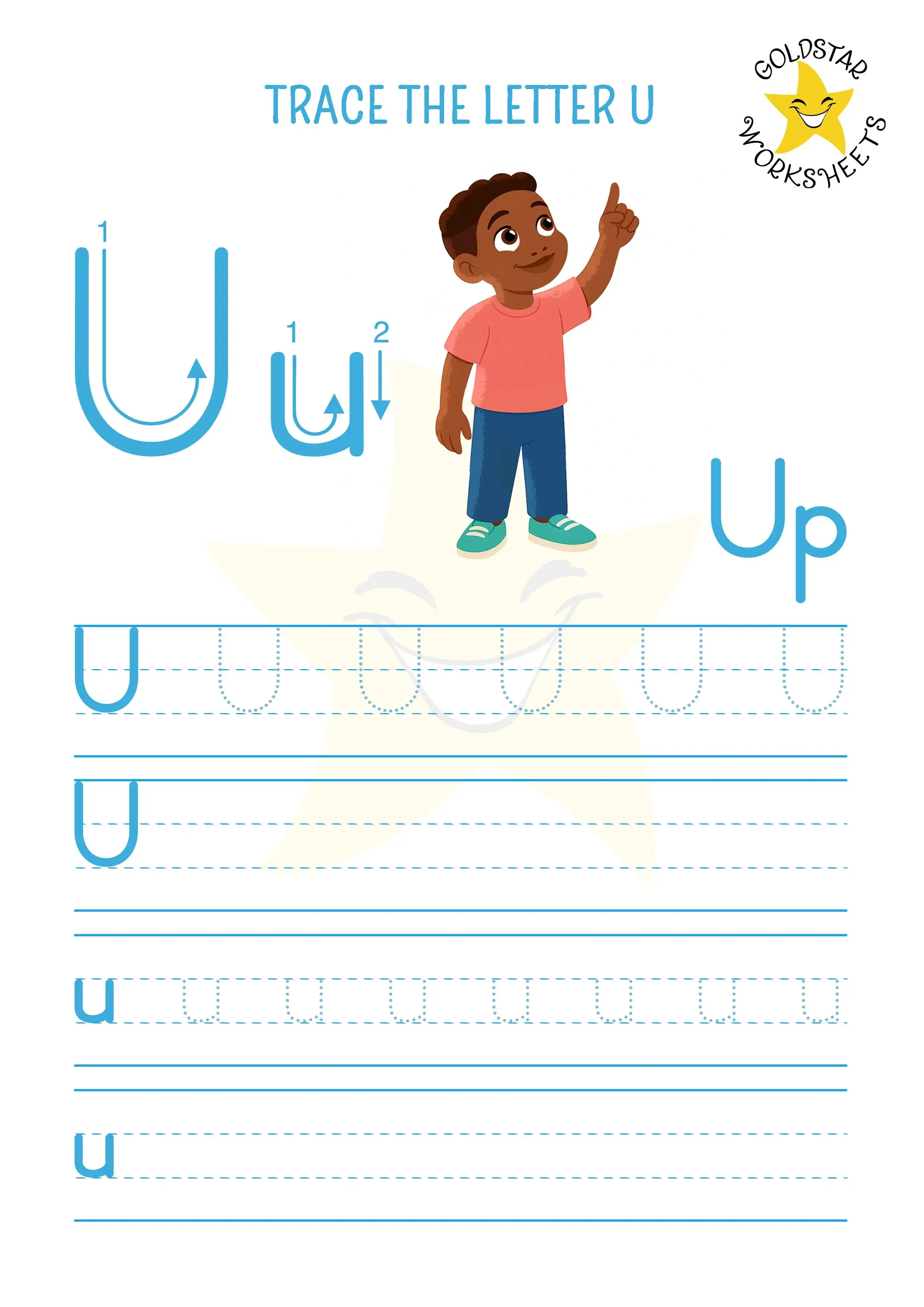 U for Up - Letter U trace and write worksheet. Combines upper with lowercase practice