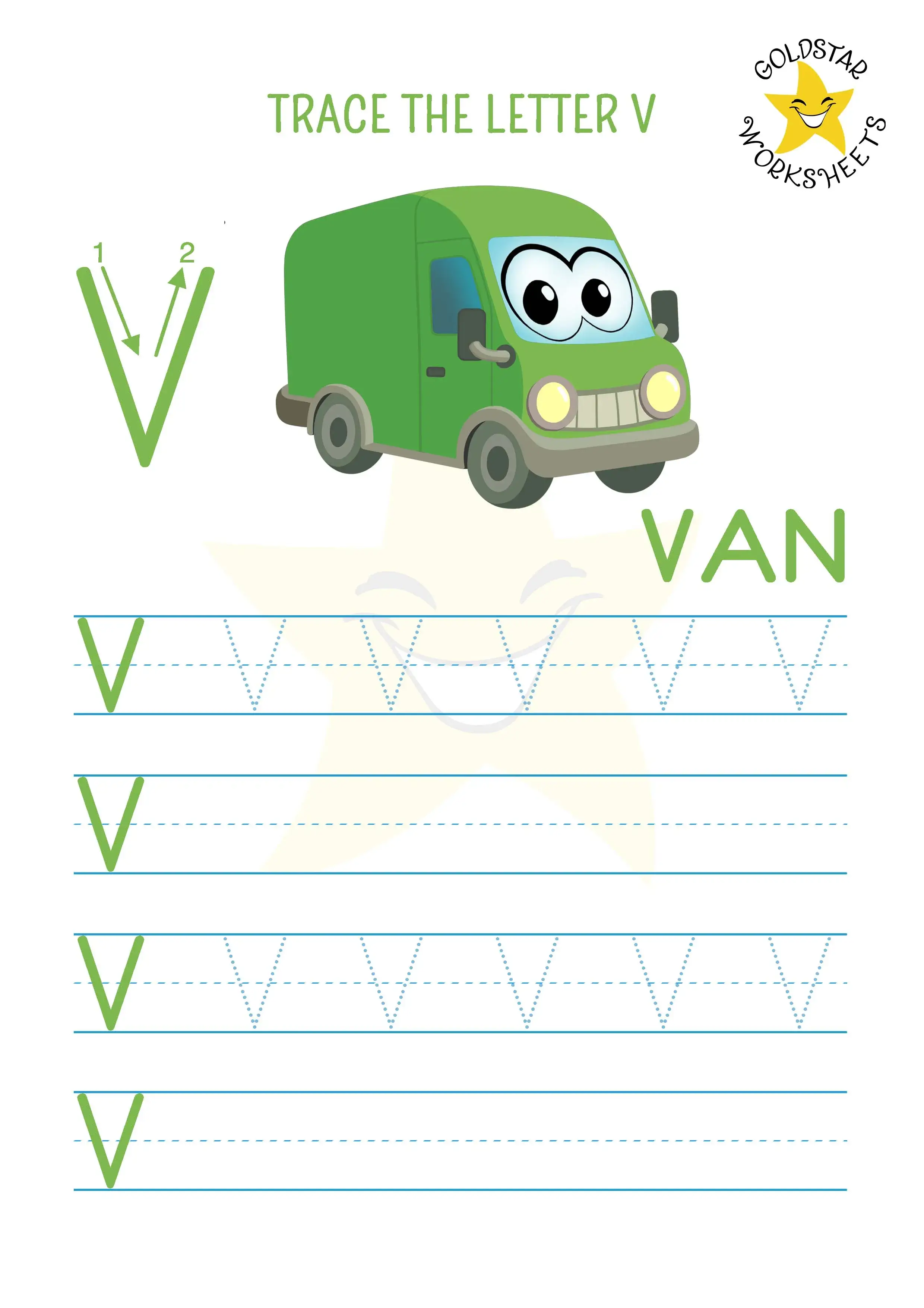 Free PDF trace and write the letter V worksheet with a friendly van 