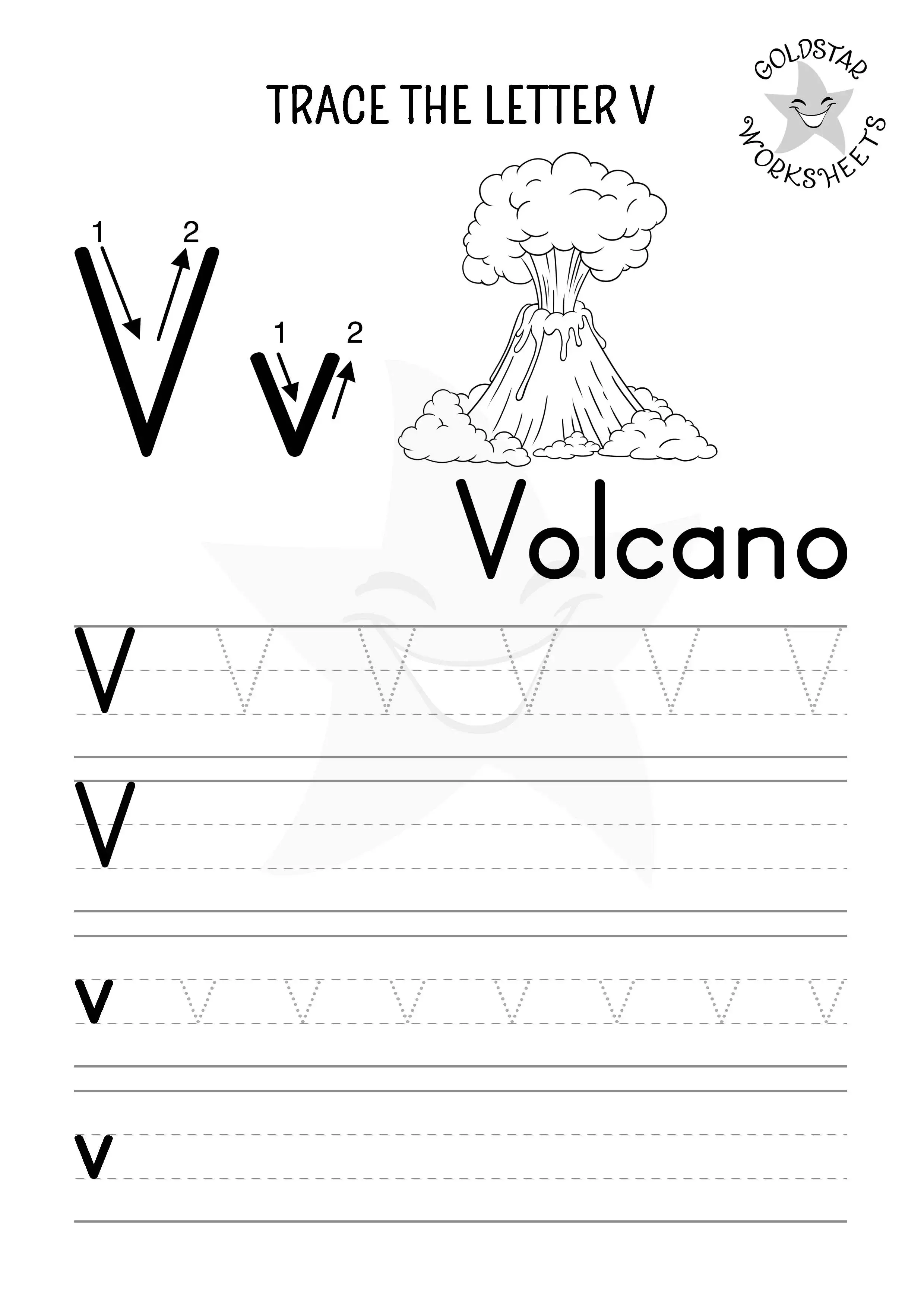 V for Volcano – Black and white tracing and writing worksheet for uppercase and lowercase V, designed for coloring.