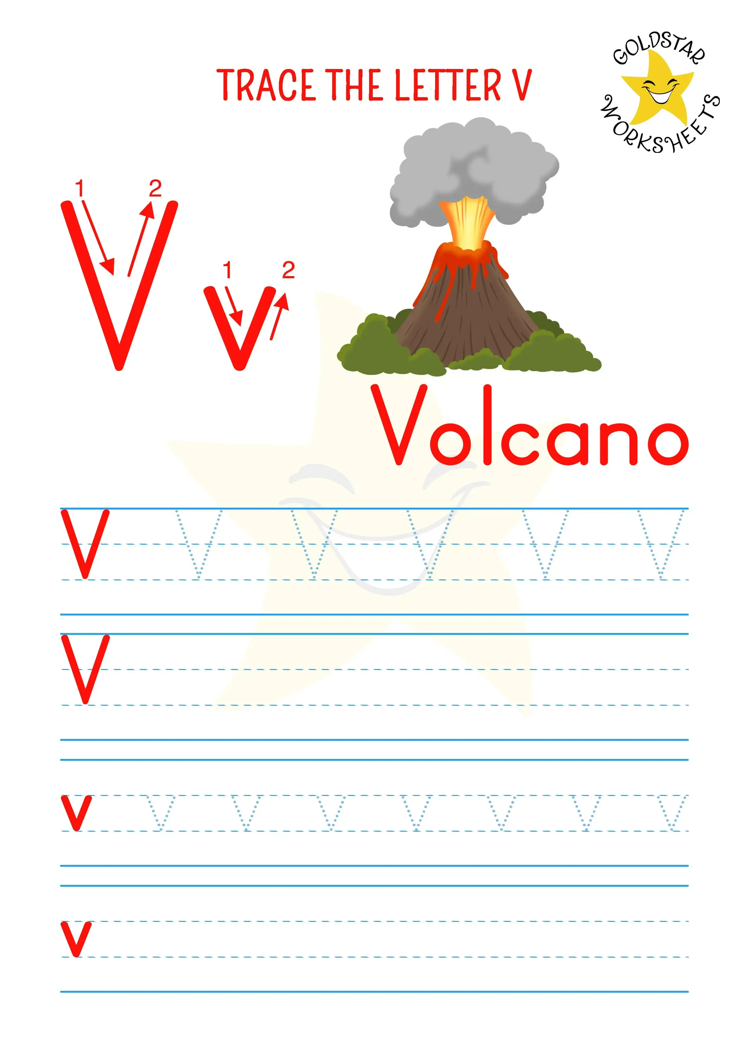 V for Volcano - Free PDF trace and write the letter V worksheet with uppercase and lowercase