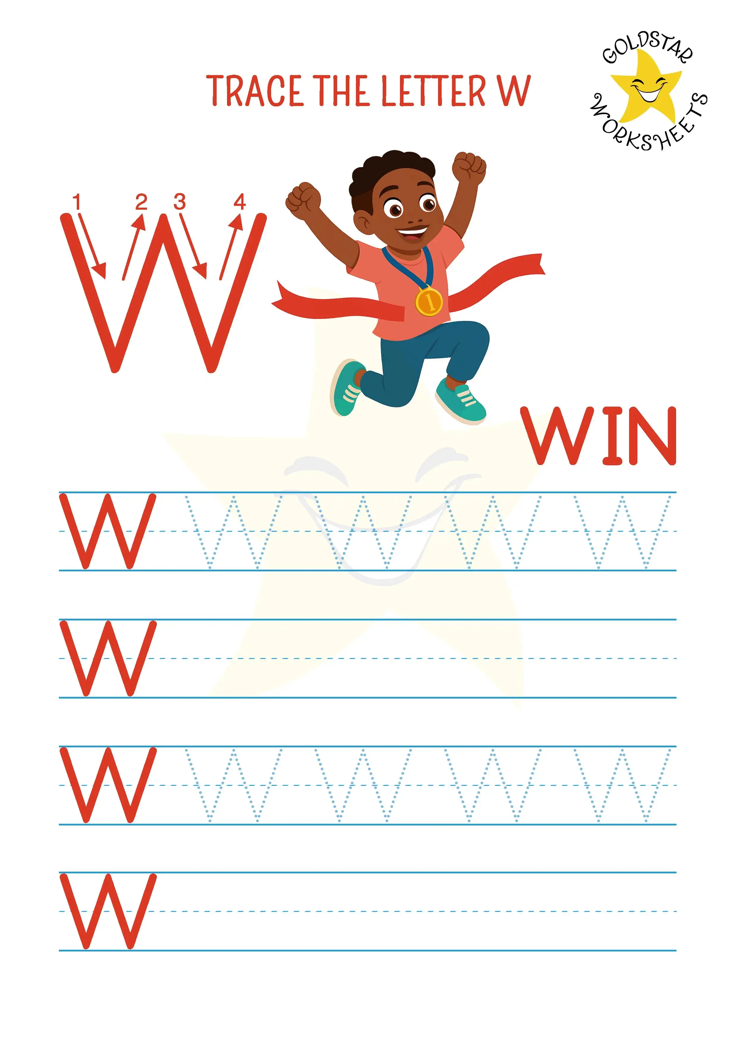 W for win - Uppercase Trace and write the letter W Worksheet with boy winning a race