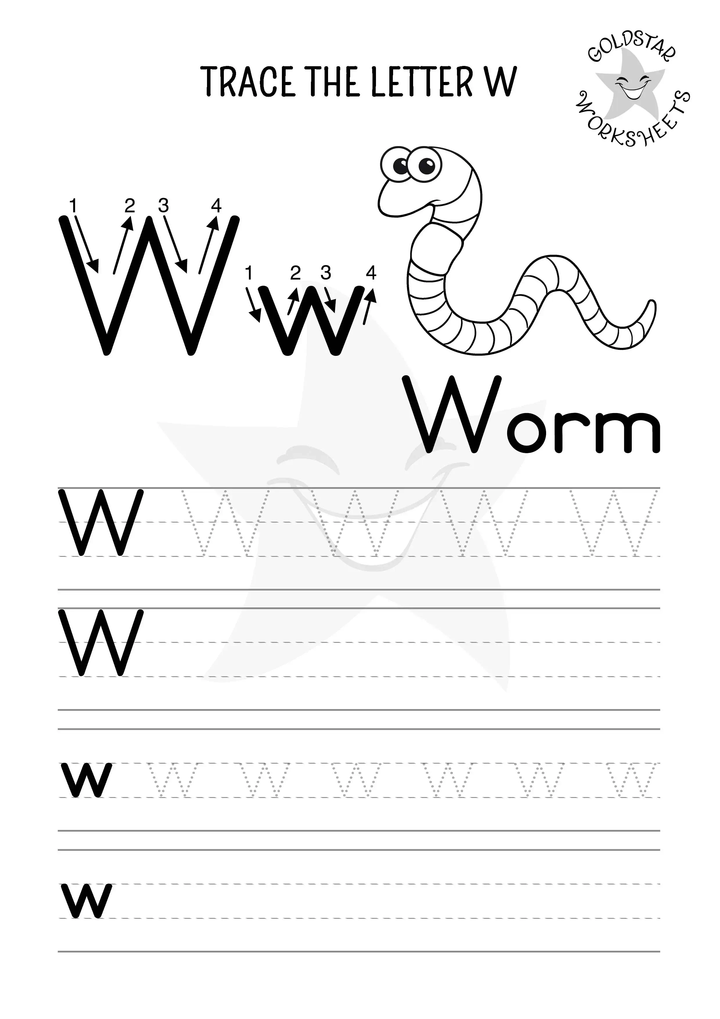 W for Worm– Letter W tracing and writing page with mixed case letters and black and white outlines perfect for coloring.