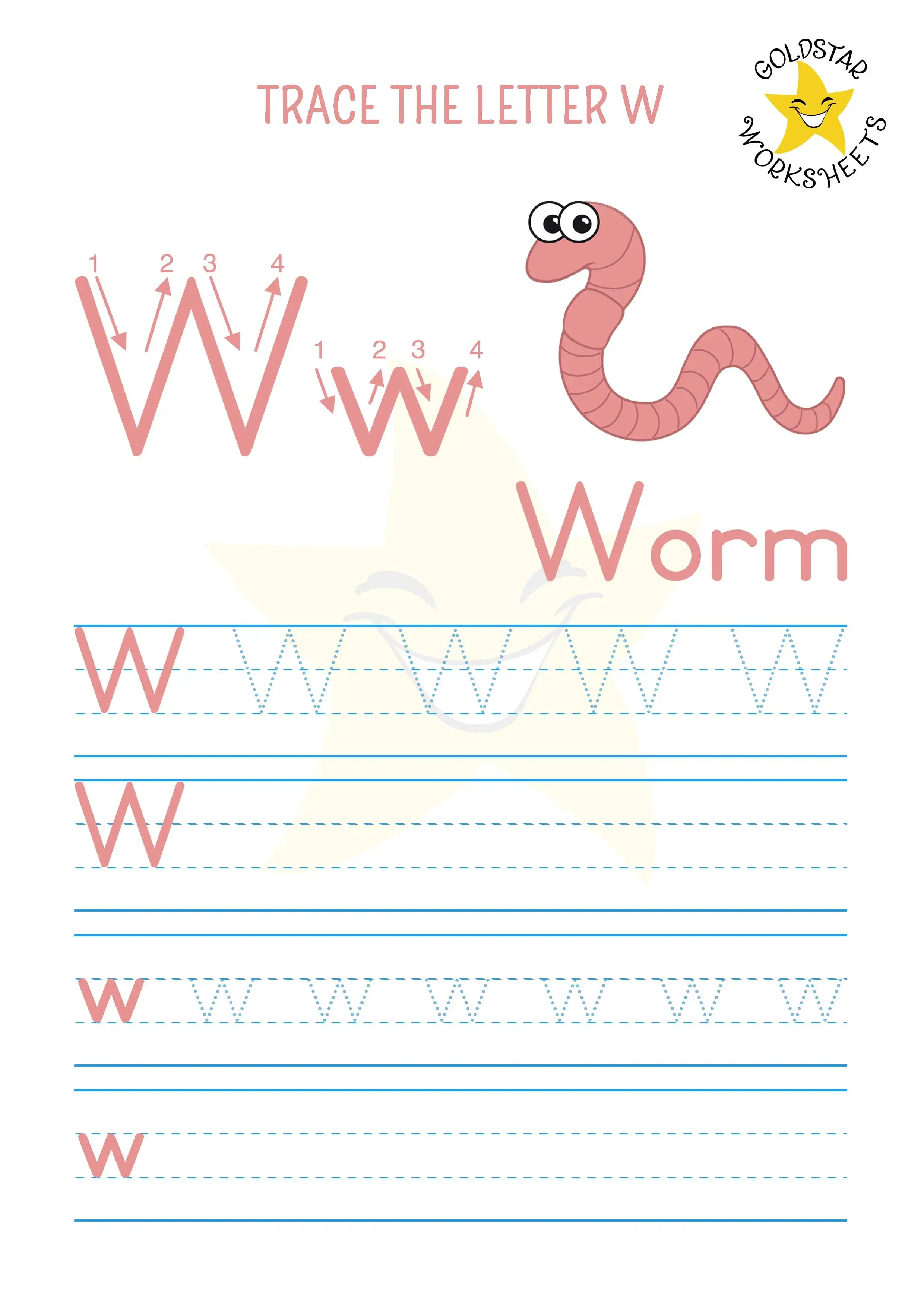 W for Worm - Trace and write letter W worksheet with both uppercase and lowercase practice