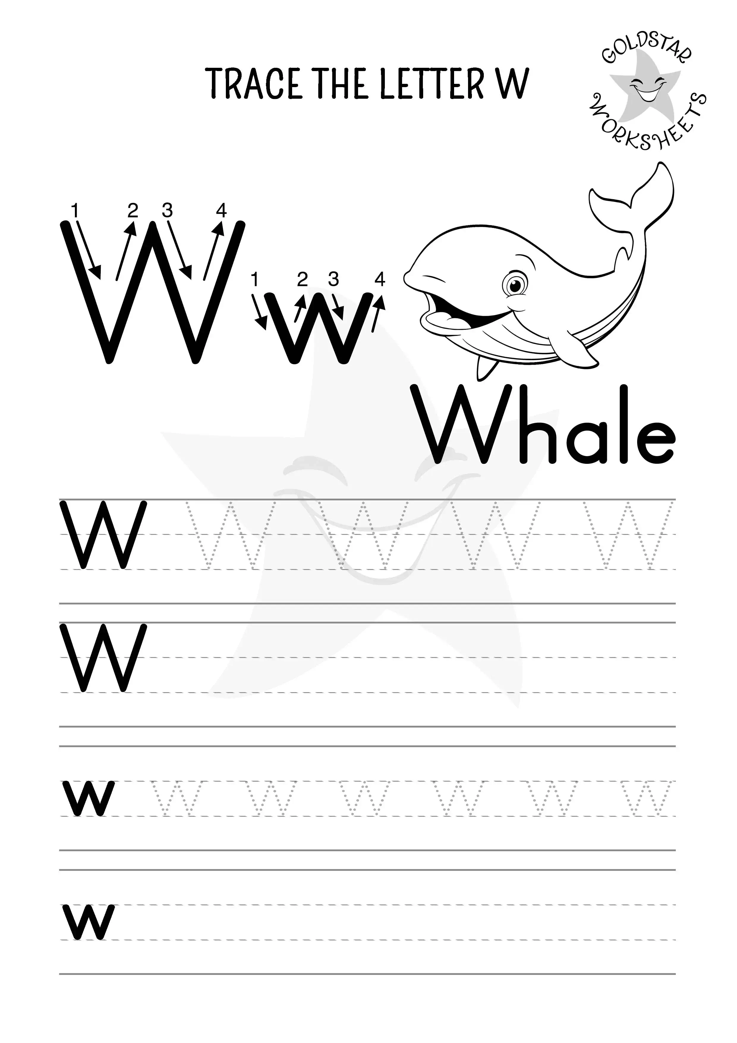 W for Whale– Letter W tracing and writing page with mixed case letters and black and white outlines perfect for coloring.