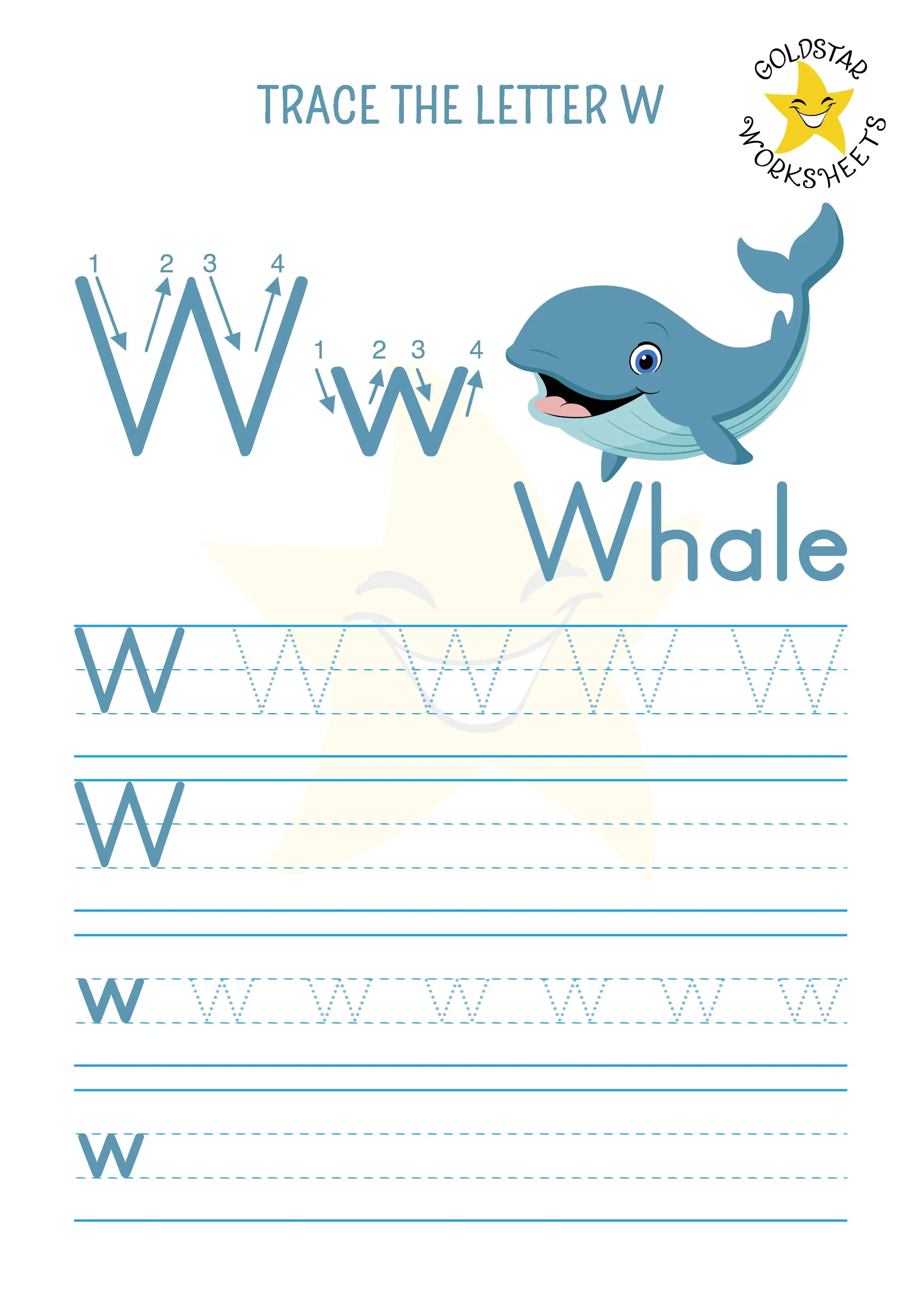 W for Whale - Trace and write letter W worksheet with both uppercase and lowercase practice