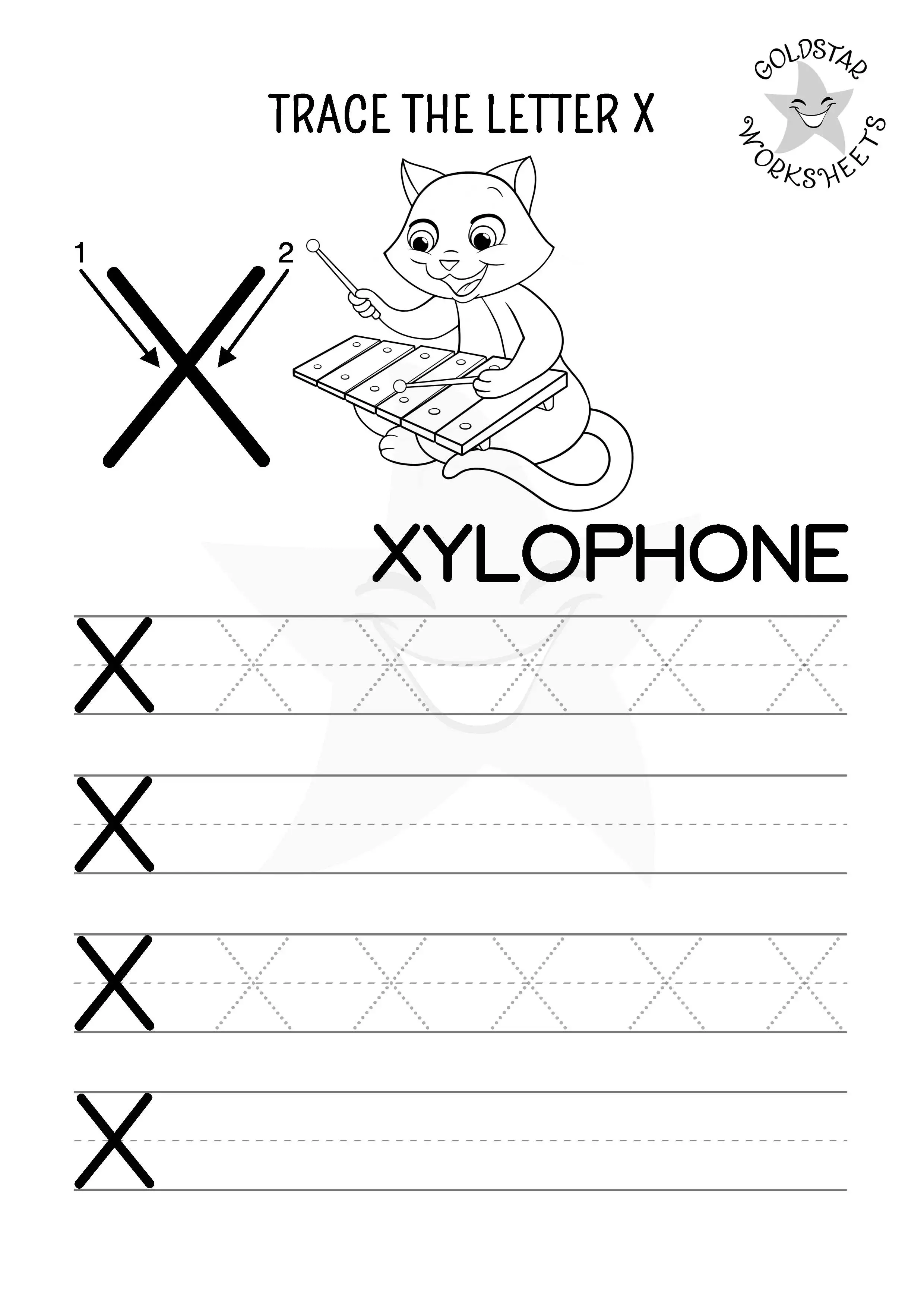 Letter X uppercase tracing and writing worksheet with fun cat playing a xylophone. Designed for coloring