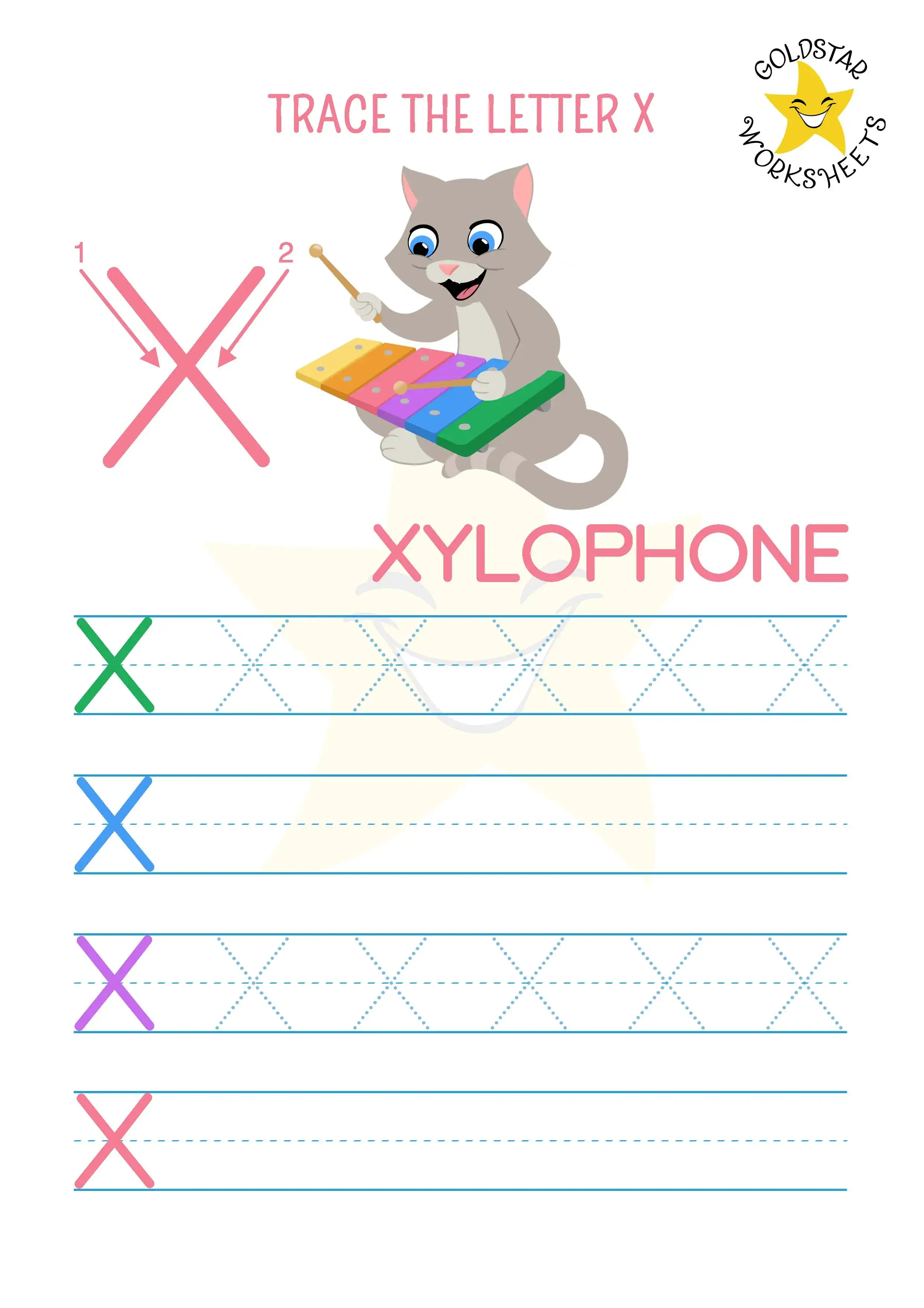 Free letter X uppercase tracing and writing worksheet with fun cat playing a xylophone