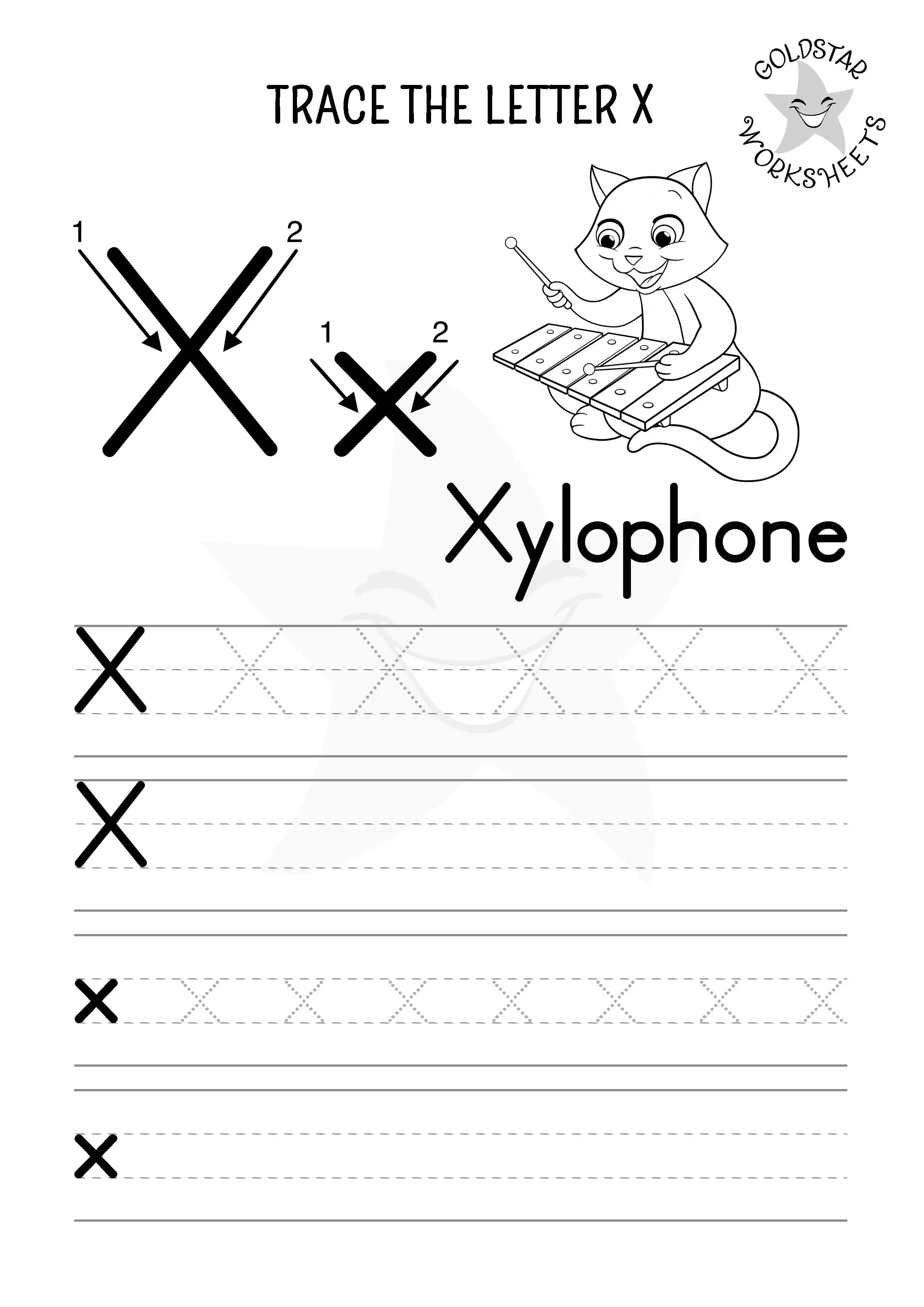 X for Xylophone– Upper and lowercase Letter X trace and write worksheet with coloring-friendly picture.