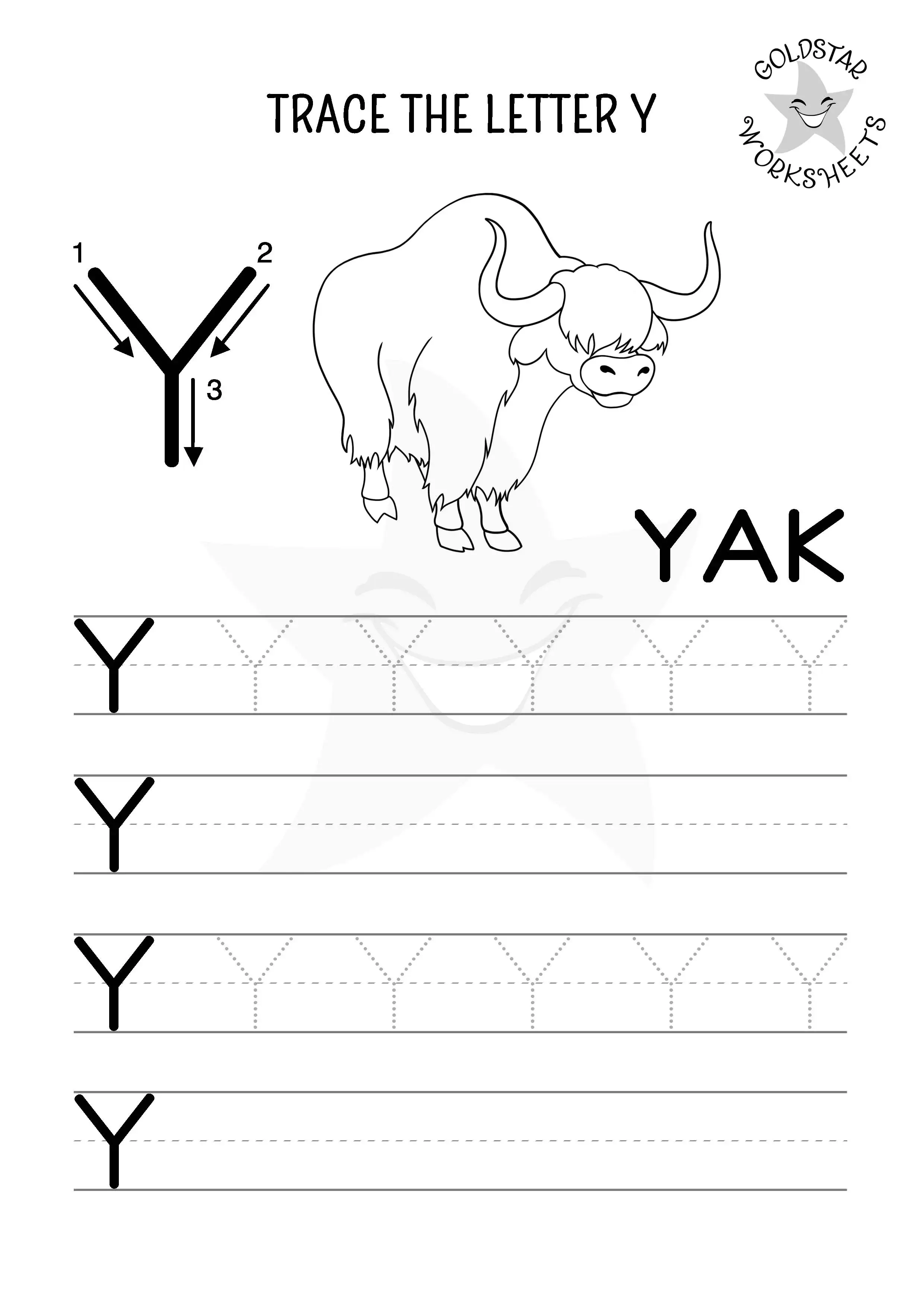 Free printable uppercase letter Y trace and write worksheet with a chilled-out Yak. Designed for kids to color in.