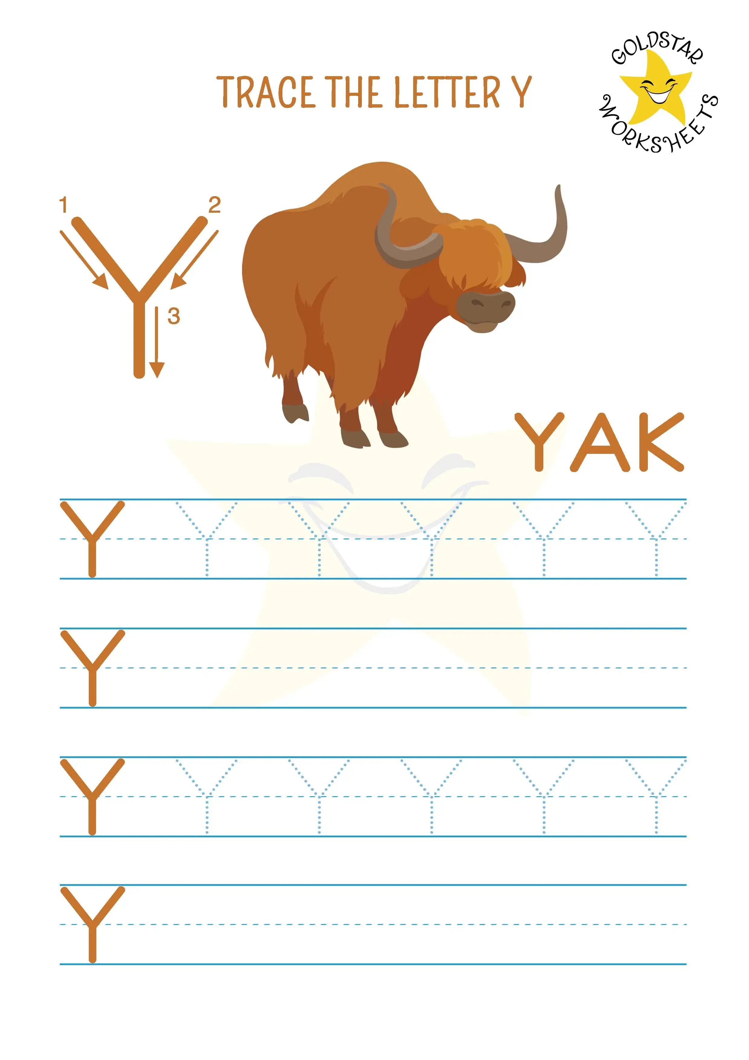 Free printable uppercase letter Y trace and write worksheet with a chilled-out Yak