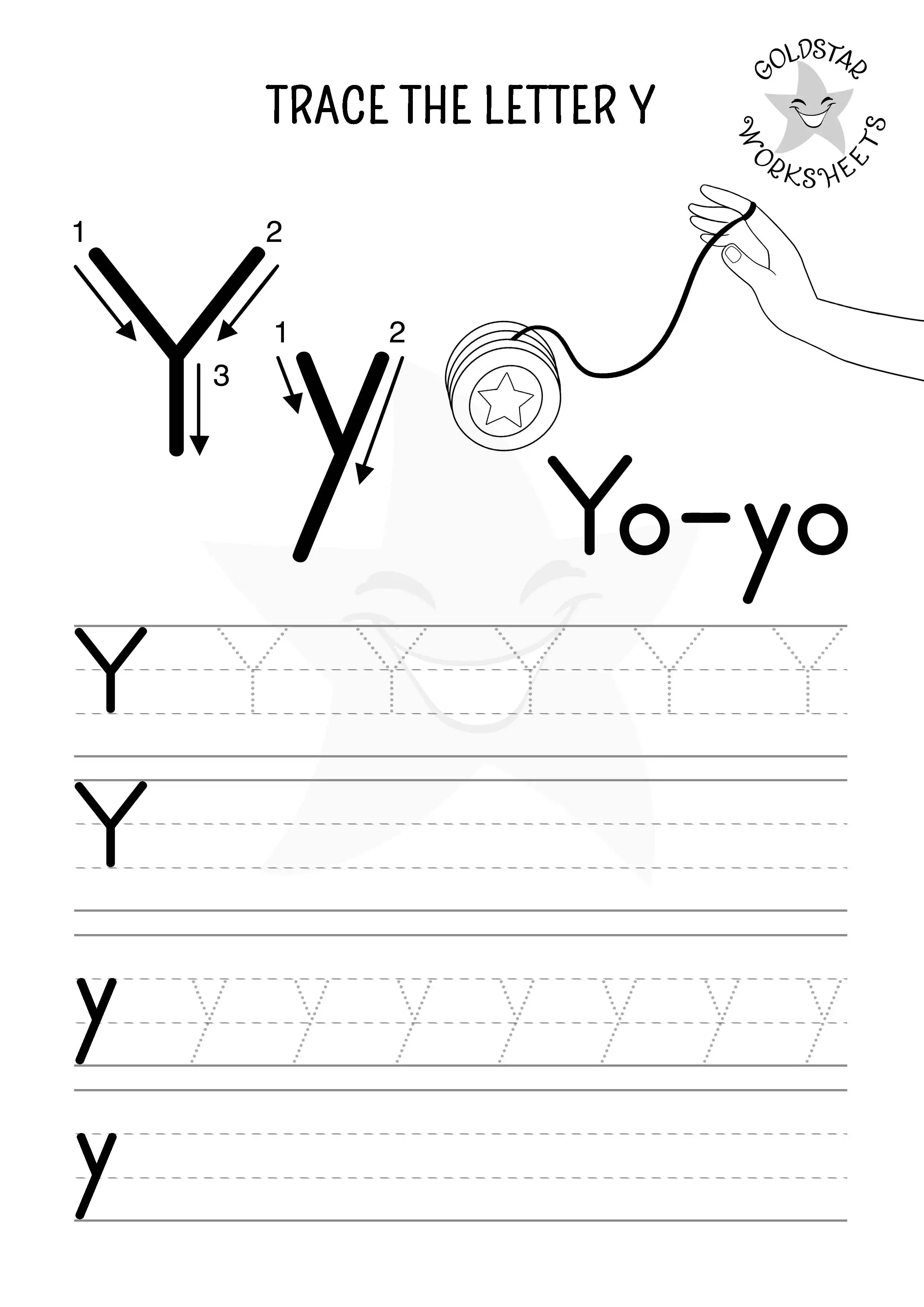 Y for Yo-yo – Mixed case Y trace and write worksheet in black and white for coloring