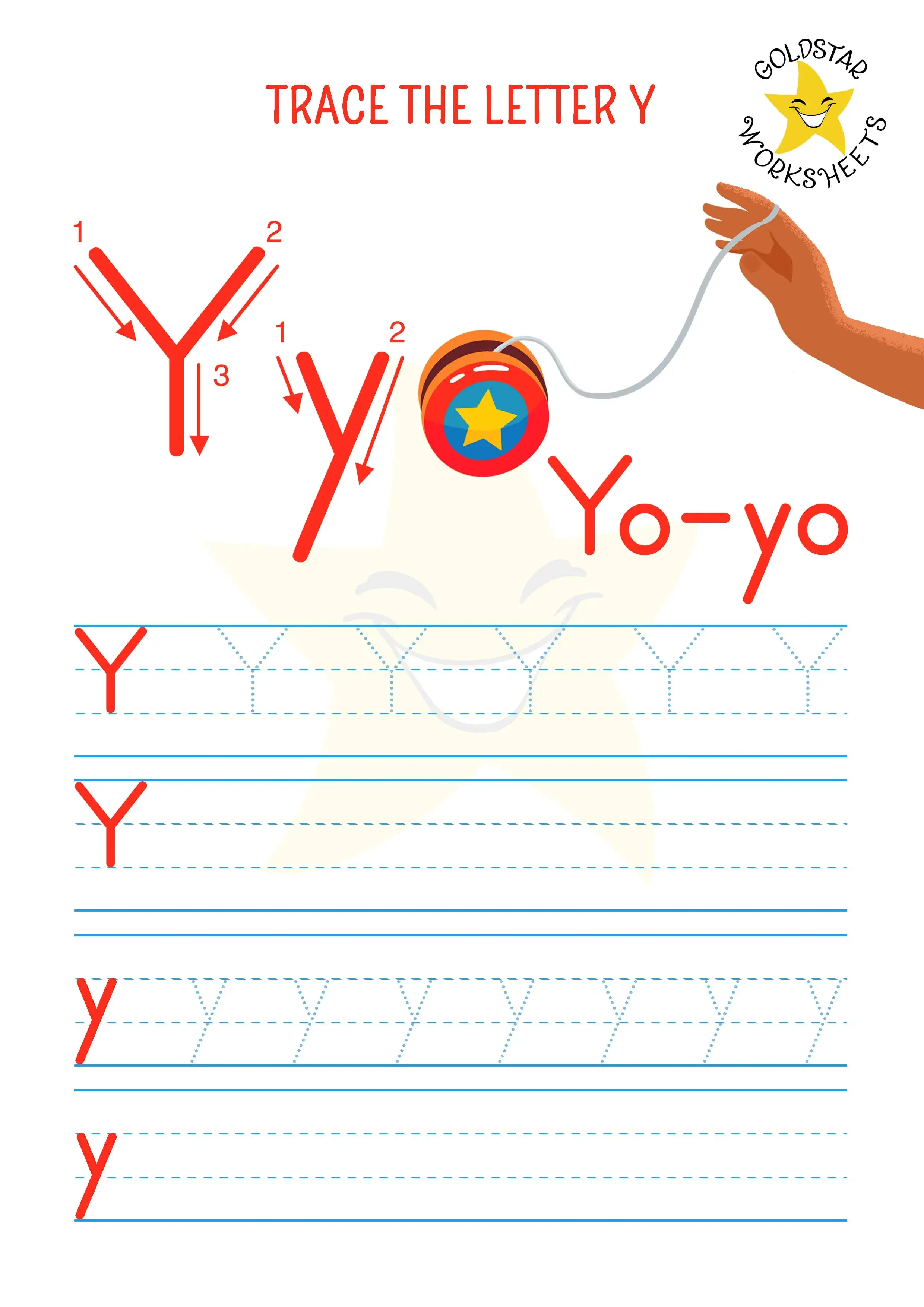 Y for yo-yo - letter Y tracing and writing worksheet with upper and lowercase