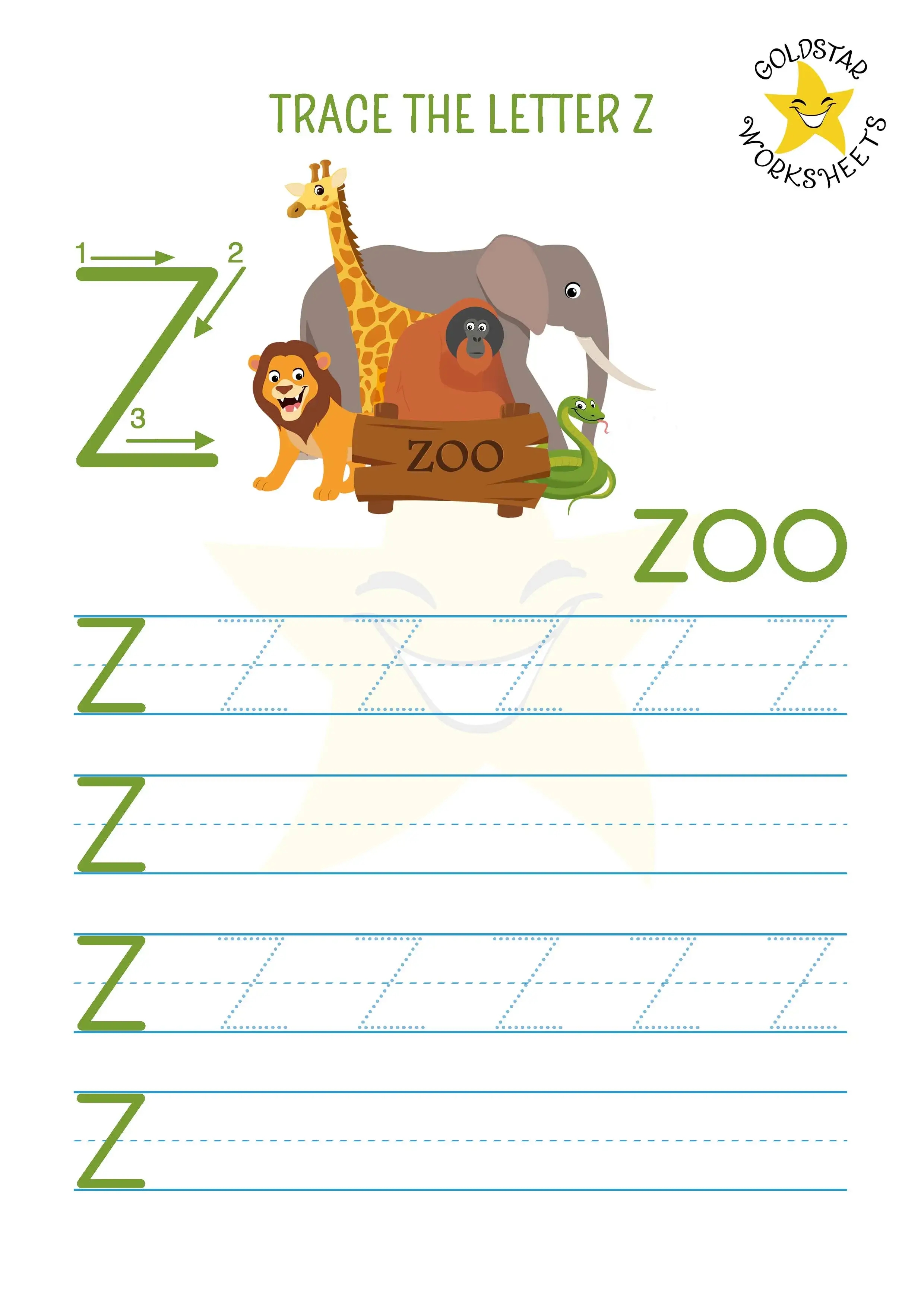 Free printable capital letter Z trace and write worksheet for kids. Fun Zoo scene.