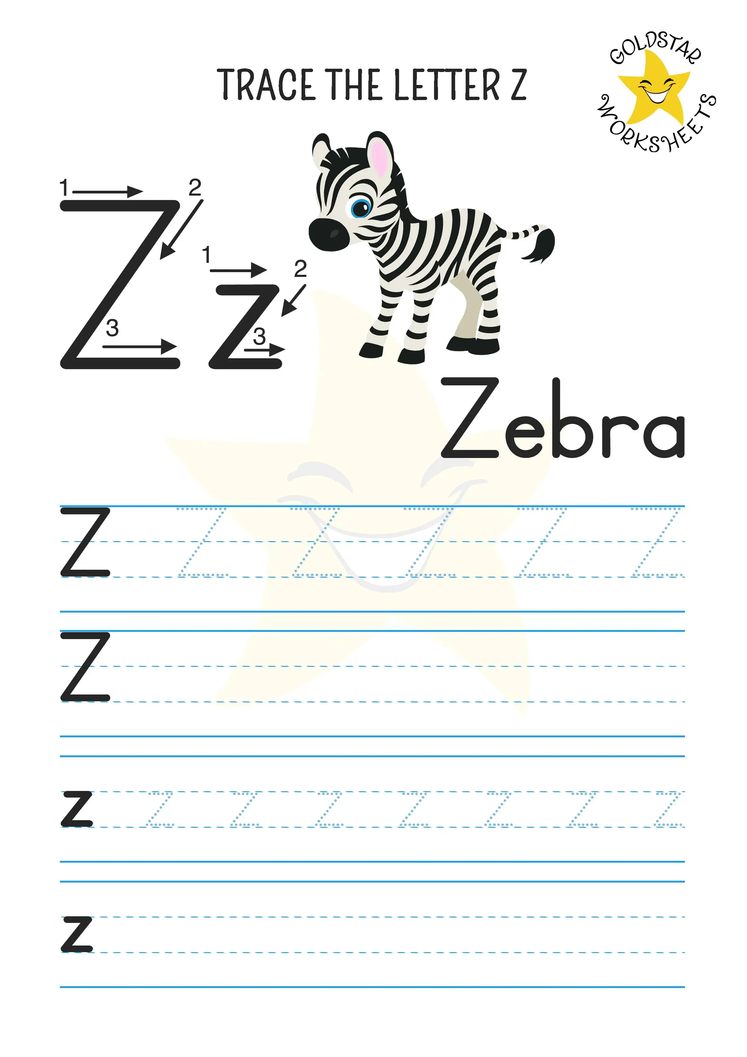Z for Zebra - Letter Z trace and write worksheet with uppercase and lowercase