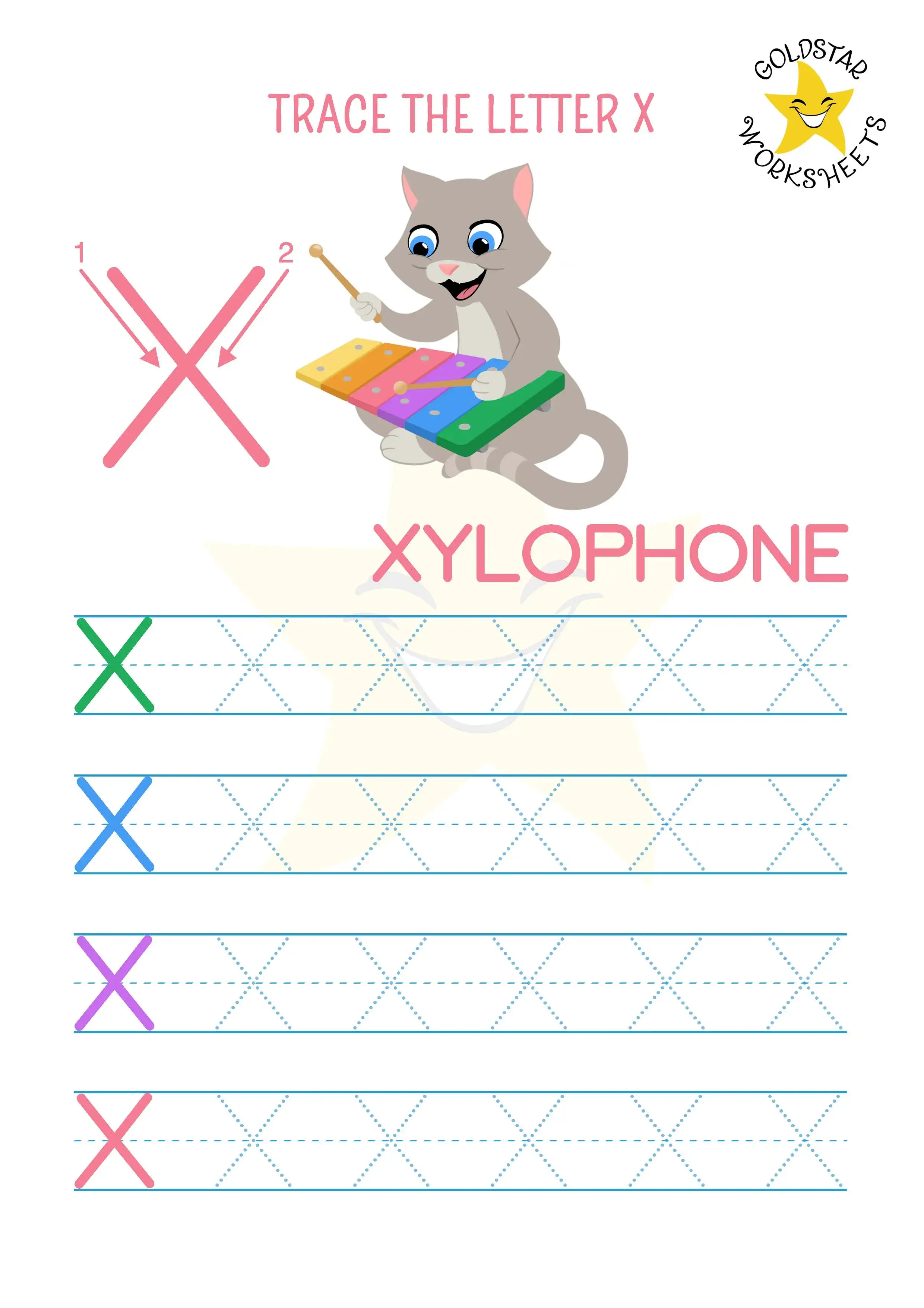 Free letter X uppercase tracing worksheet with fun cat playing a xylophone image