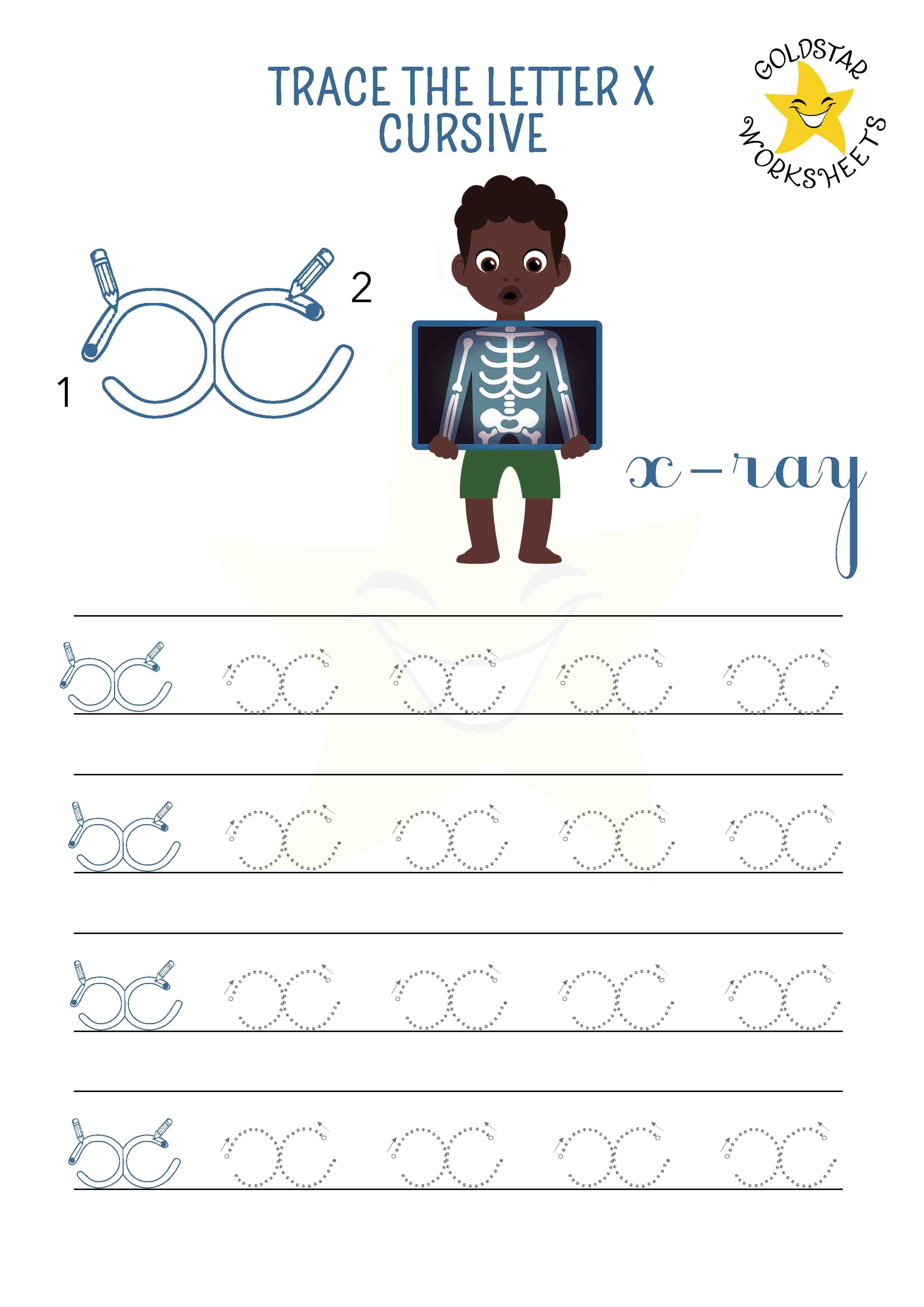 Lowercase cursive letter x tracing worksheet with an x-ray illustration. Perfect for cursive handwriting practice. 4 rows of small x writing with stroke order and directional arrows.
