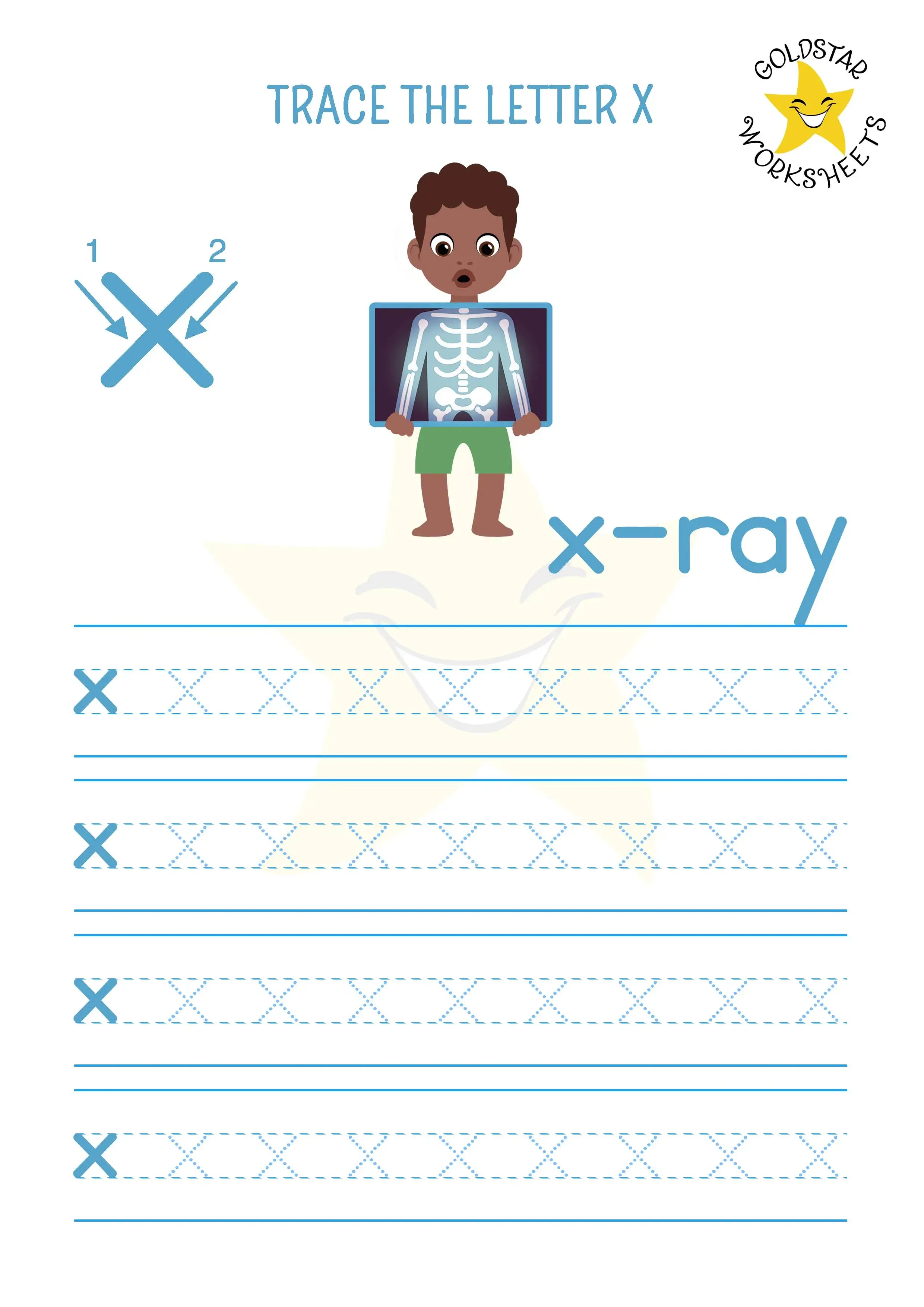 Letter x for x-ray this lowercase tracing worksheet shows inside a boy