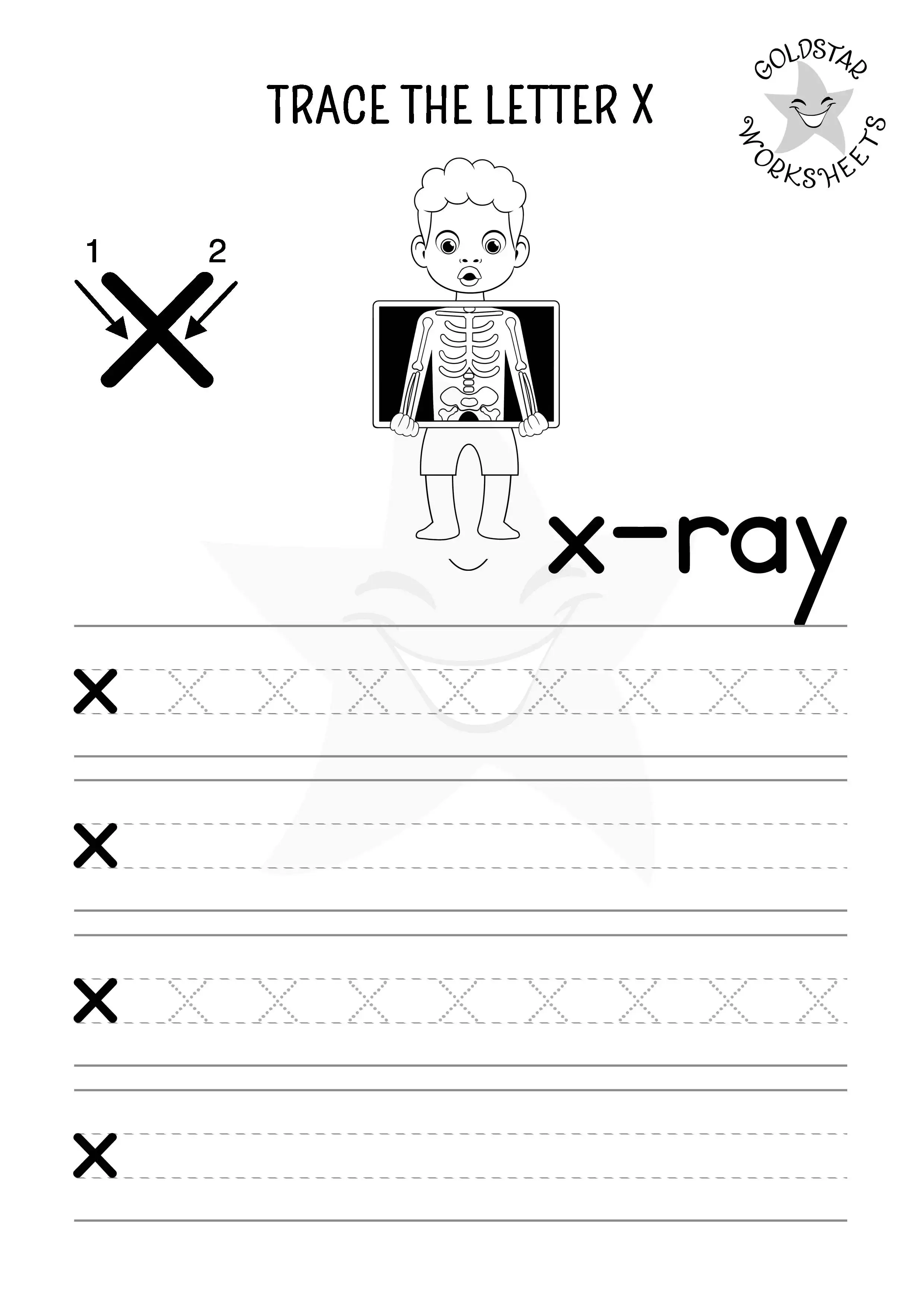 x for x-ray - Letter x lowercase tracing, writing, and coloring worksheet