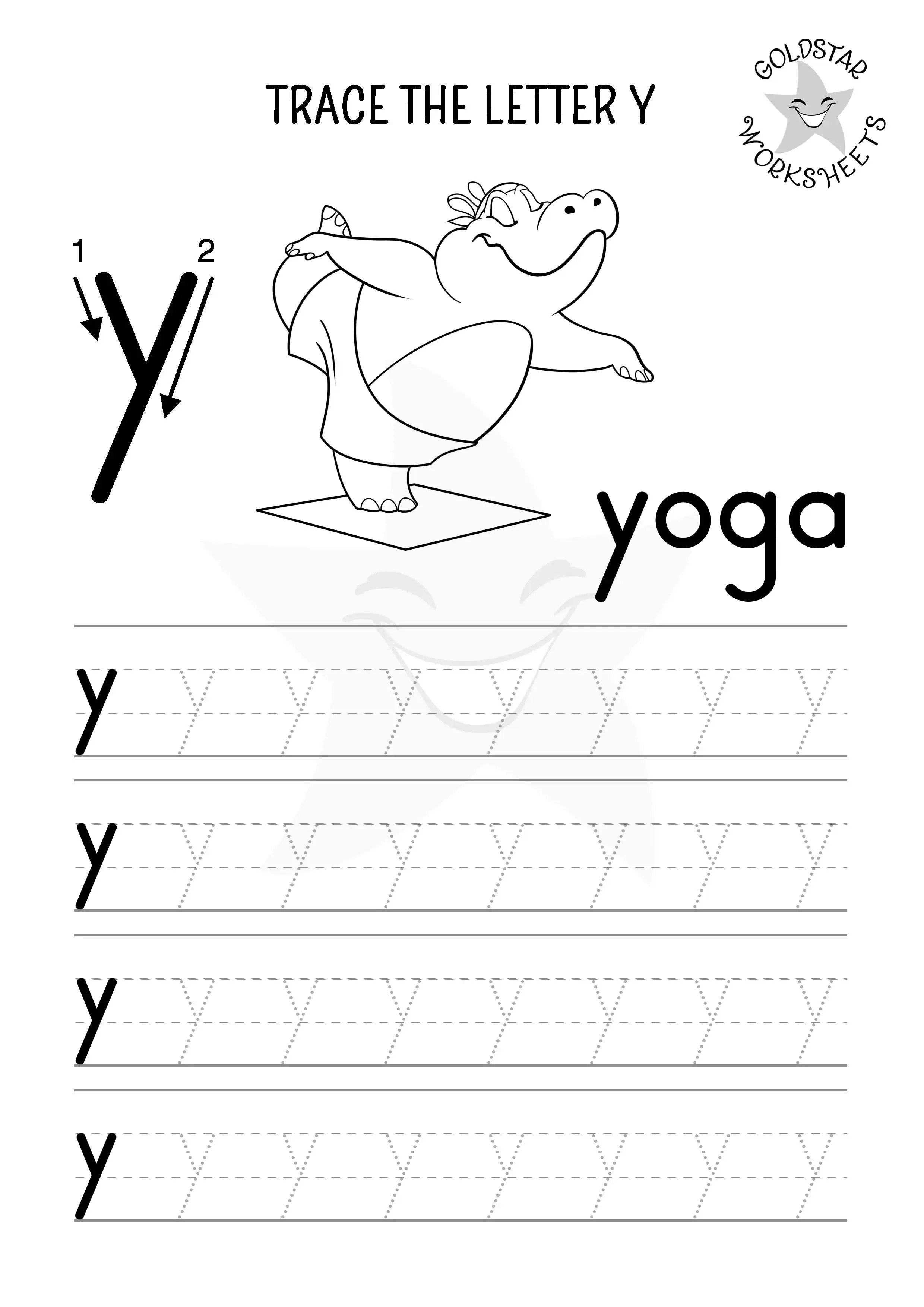 Lowercase letter y tracing and coloring worksheet with a Hippo doing yoga